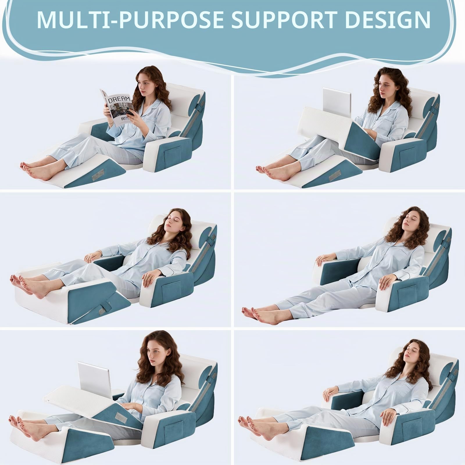 9PCS Orthopädische Bett Keil Kissen Set,Post Chirurgie Schaum Kissen für Körper, Rücken und Beine Schmerzlinderung,Justierbare Stützkissen mit Säure Reflux Bed Wedge Memory Foam Durchgehend dunkelgrau