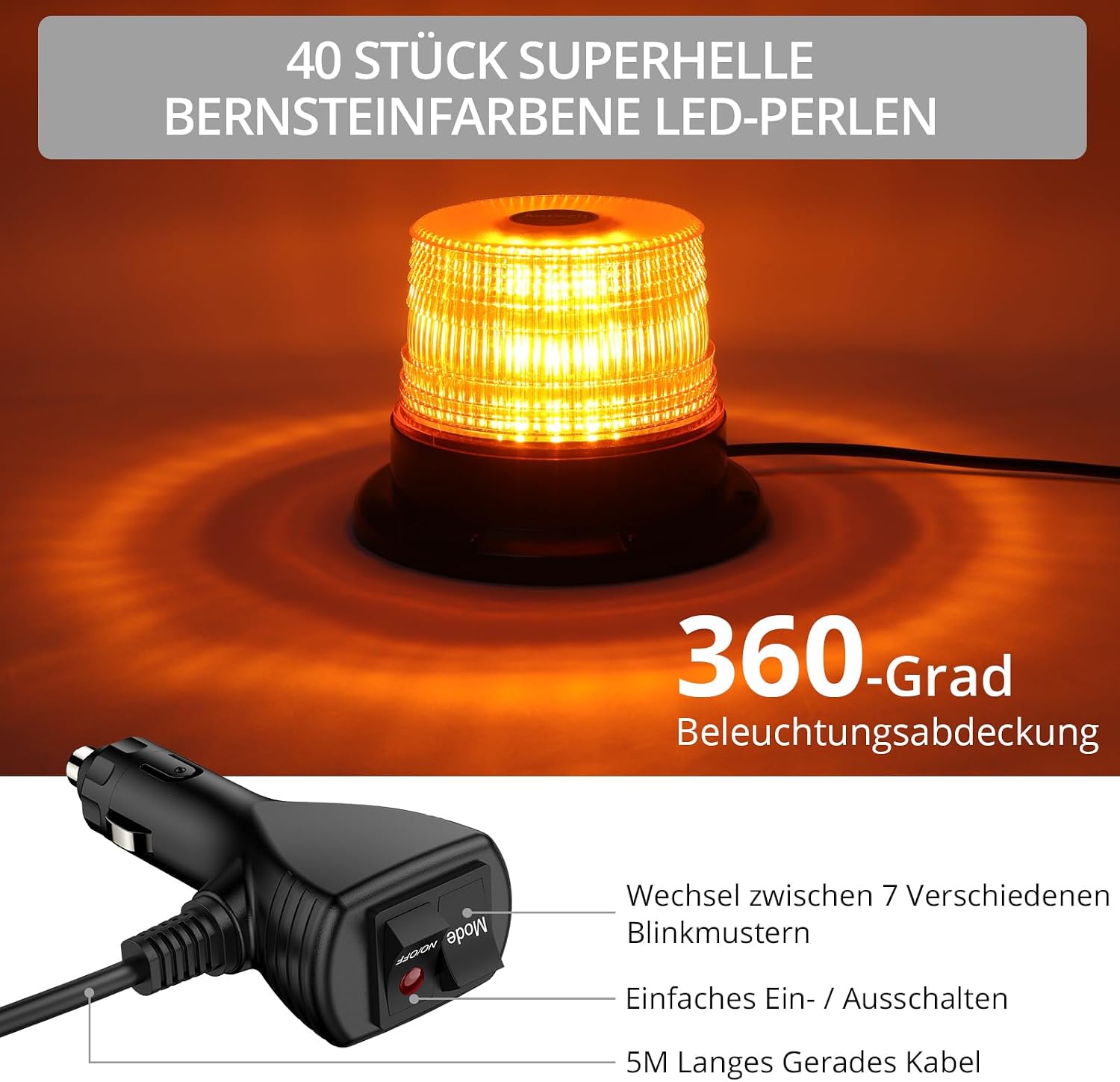 Warnleuchte Rundumleuchte 360° Gelb Blitzleuchte 7 modus mit 5m Netzkabel Doppelter Schraube 12V / 24V Warnlicht mit Magnetfuß Notfallblinklampe Magnet Transparent für Auto LKW usw