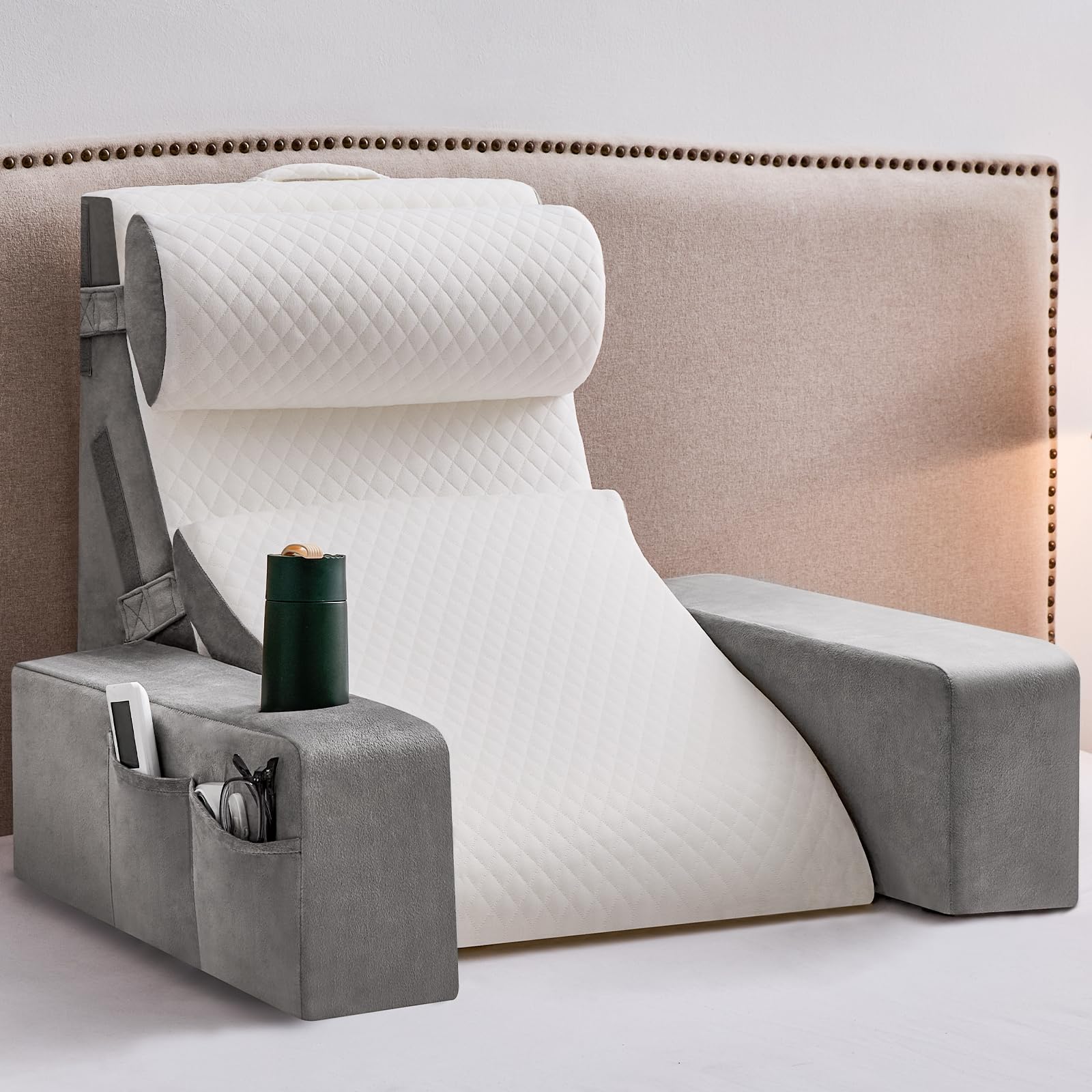 Lesekissen für Bett und Sofa,Bücherkissen mit Abnehmbarer Nackenrolle & Armlehne,Rückenkissen Bett, Wandkissen Multifunktions-Keilkissen zum Lesen, Arbeiten,Bed Wedge Pillow