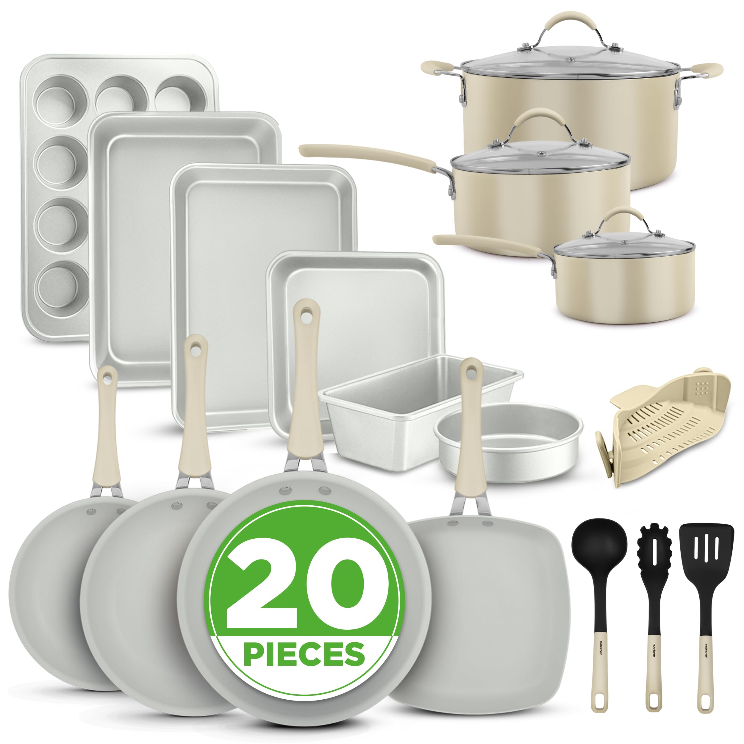 20-teiliges Non-Stick-Saucepan, Pfannen- und Backformset - Kochset PFOA/PFOS frei für Gas, Strom, Keramik und Induktion - Enthält Pfannen, Töpfe, Backdosen, Laibdose, Muffinform