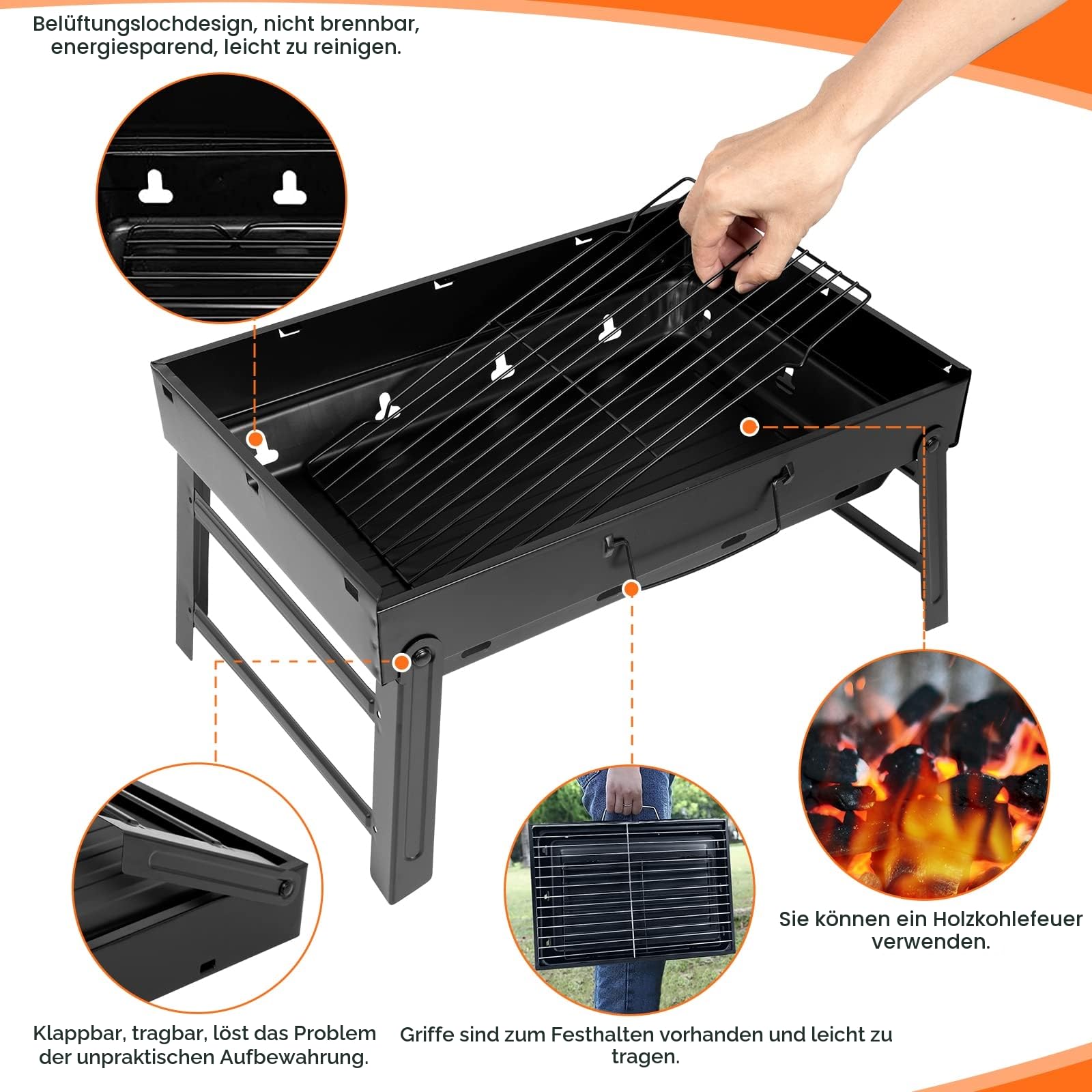 Holzkohlegrill Picknickgrill Edelstahl Kleiner Grill Portabler Campinggrill Abnehmbare BBQ Grills für Outdoor Garten Party