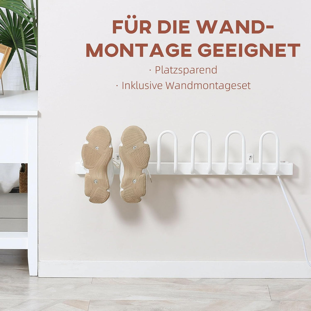 Elektrischer Schuhtrockner 60 W, Wandmontage Stiefelwärmer für 3 Paar Schuhe, Trockengestell für Handschuhe, Socken, Temperatur von 50 bis 55℃ Weiß 76 x 13 x 17 cm