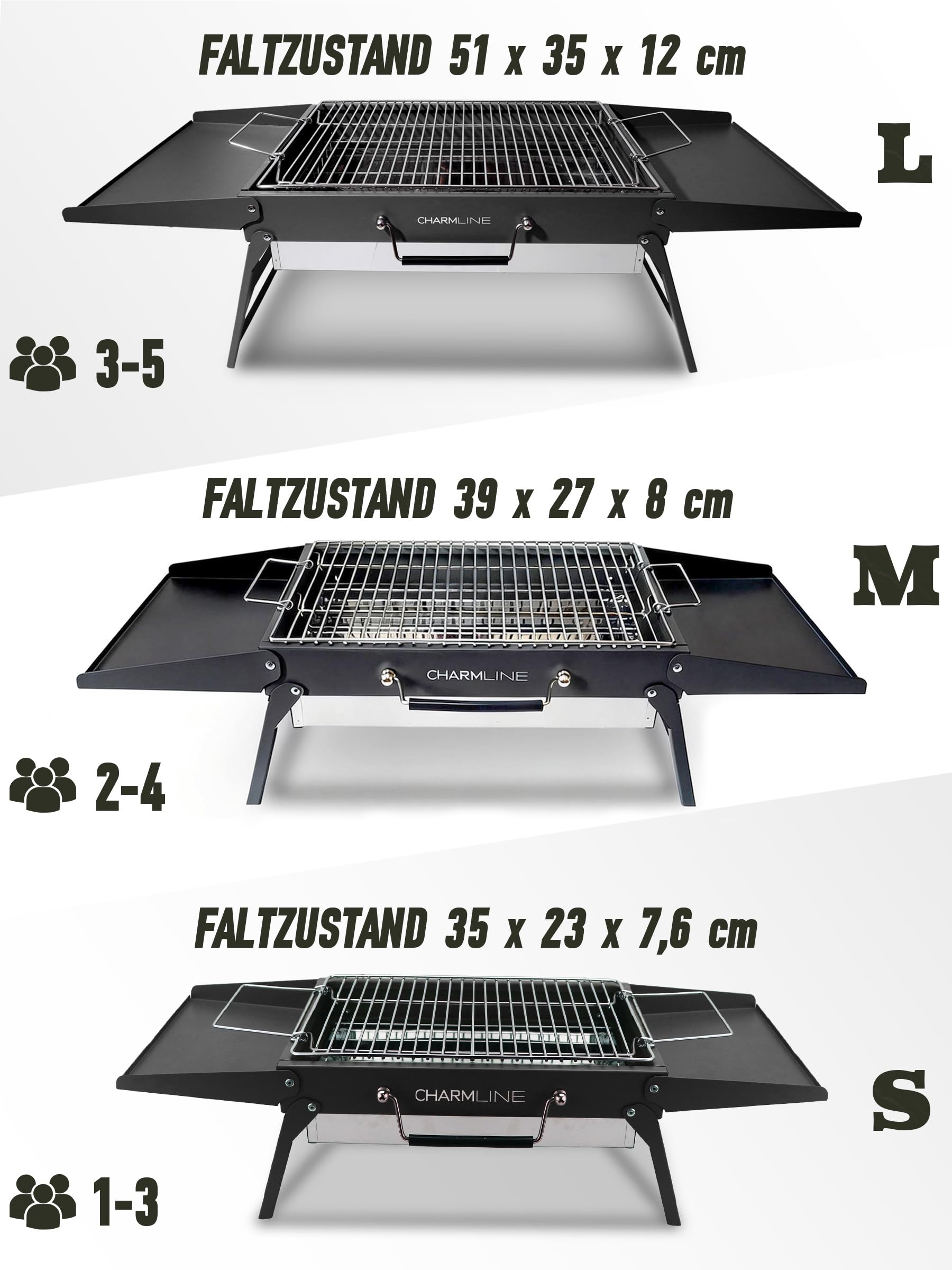 Tragbarer Holzkohlegrill, Klappbarer Campinggrill 35 x 23 cm für 1–3 Personen, Mini BBQ Grill für Balkon, Garten, Camping, Picknick und Strand