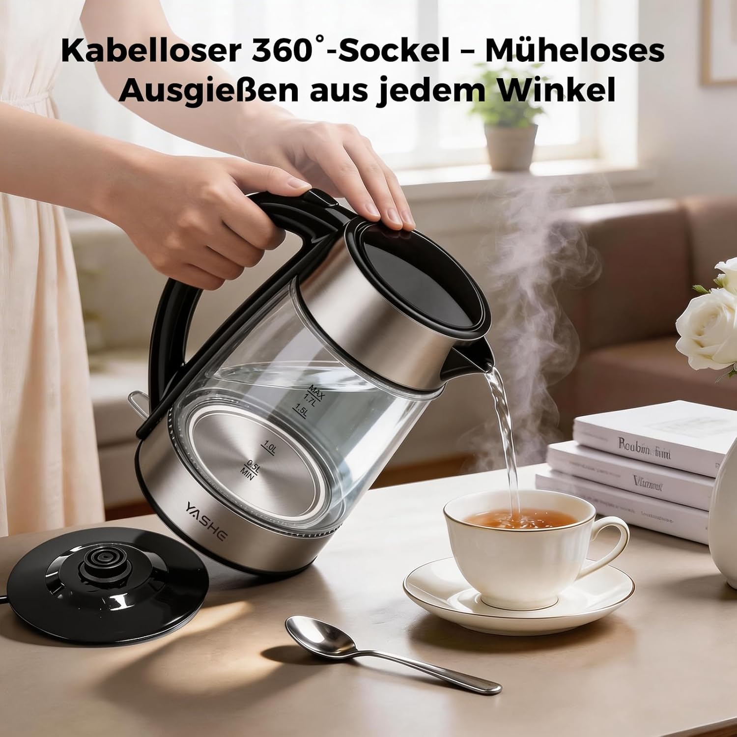 Wasserkocher mit Temperatureinstellung 1,7L 2200W Glas | 5 Temperaturstufen, 5 Farben LED, 30 Min Warmhaltefunktion, Kabellos, Kalkfilter, Abschaltautomatik