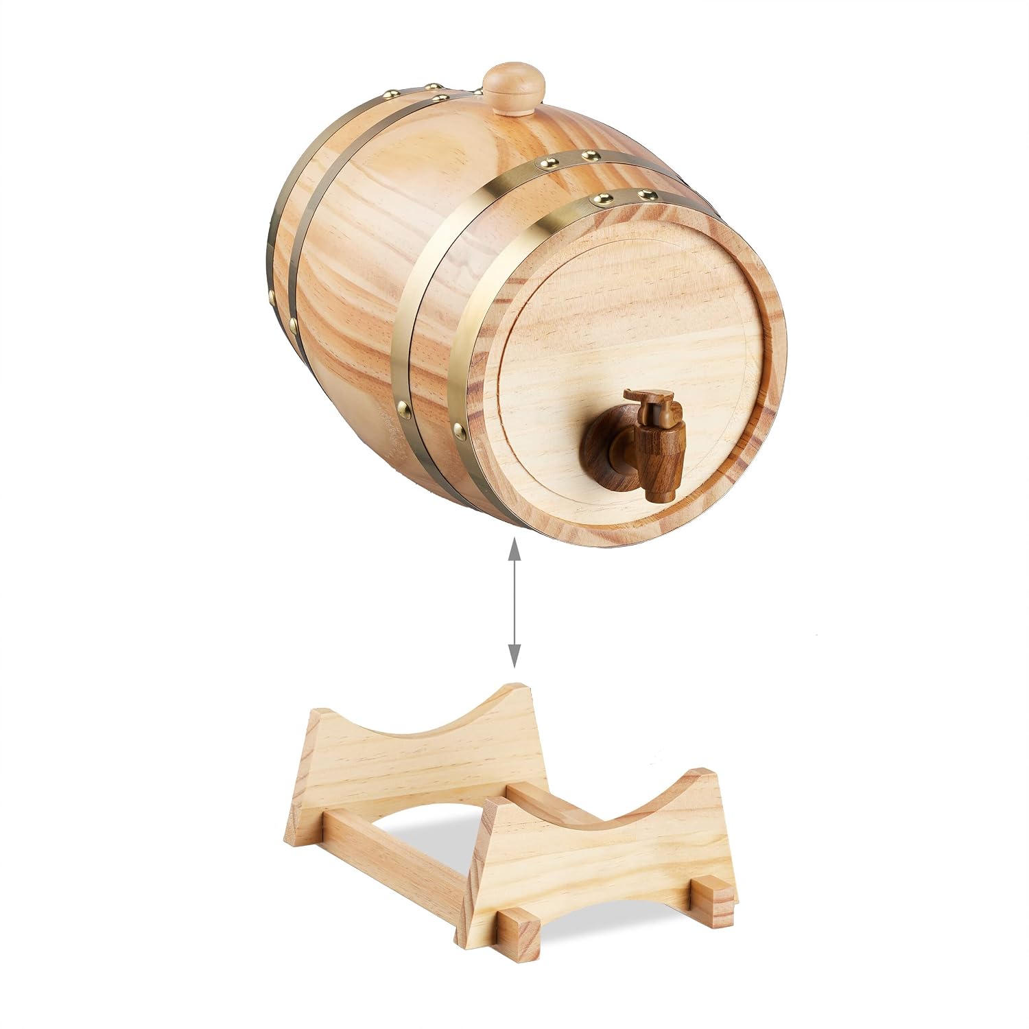 Schnapsfass, 2.2 l, Holz, Whiskyfass mit Bock & Zapfhahn, für Whisky, Wein, Spirituosen, Deko Holzfass, Natur