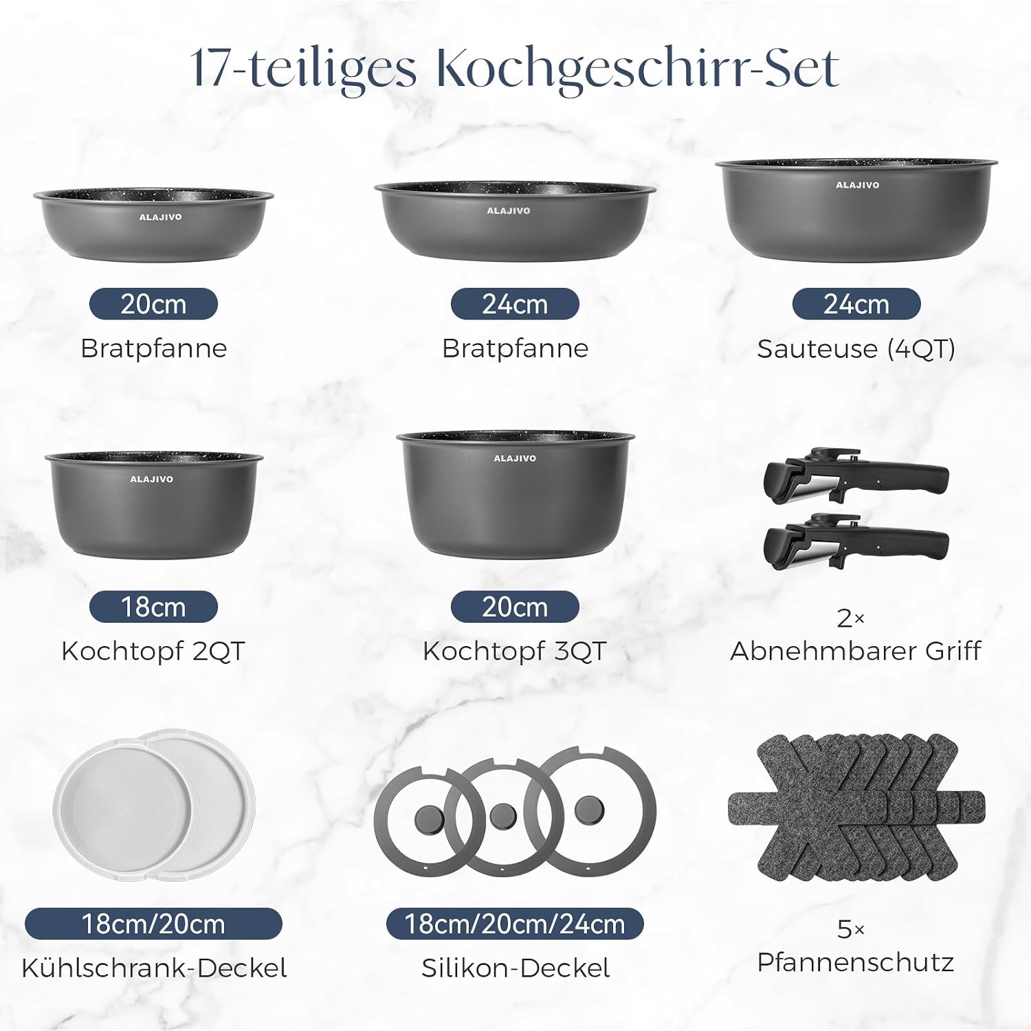 Topfset mit Abnehmbarer Griff, 17-Teilig Topfsets Pfannenset mit Antihaft Beschichtet, Topfset Induktion Kochtopf Set mit Deckel, für Alle Herdarten, Backofenfest, Ofenfest (grau)
