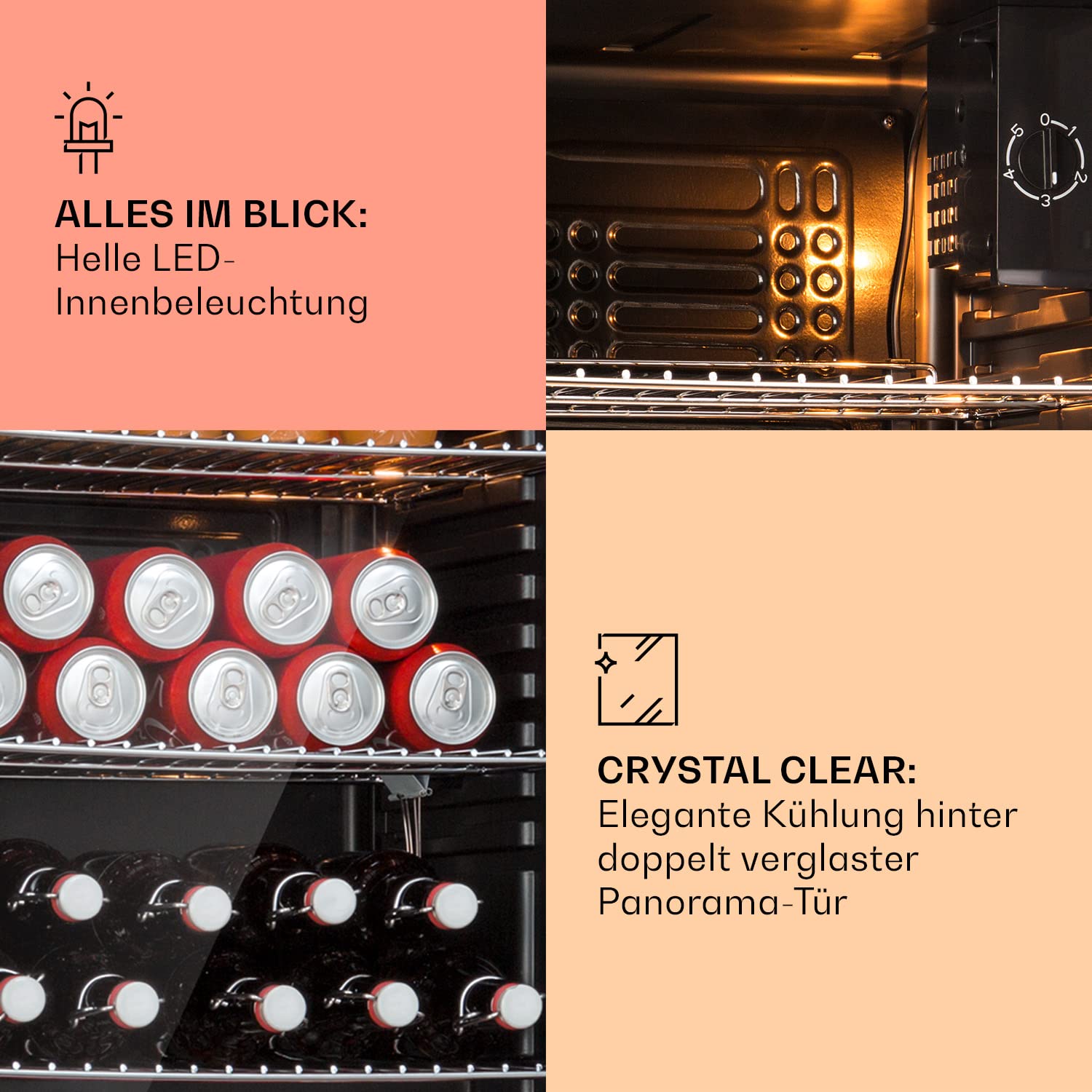Beersafe Getränkekühlschrank 60 L – Mini Kühlschrank mit Glastür, Kupfer | LED-Beleuchtung, herausnehmbare Metallablagen, leise, Flaschenkühlschrank für Getränke & Dosen