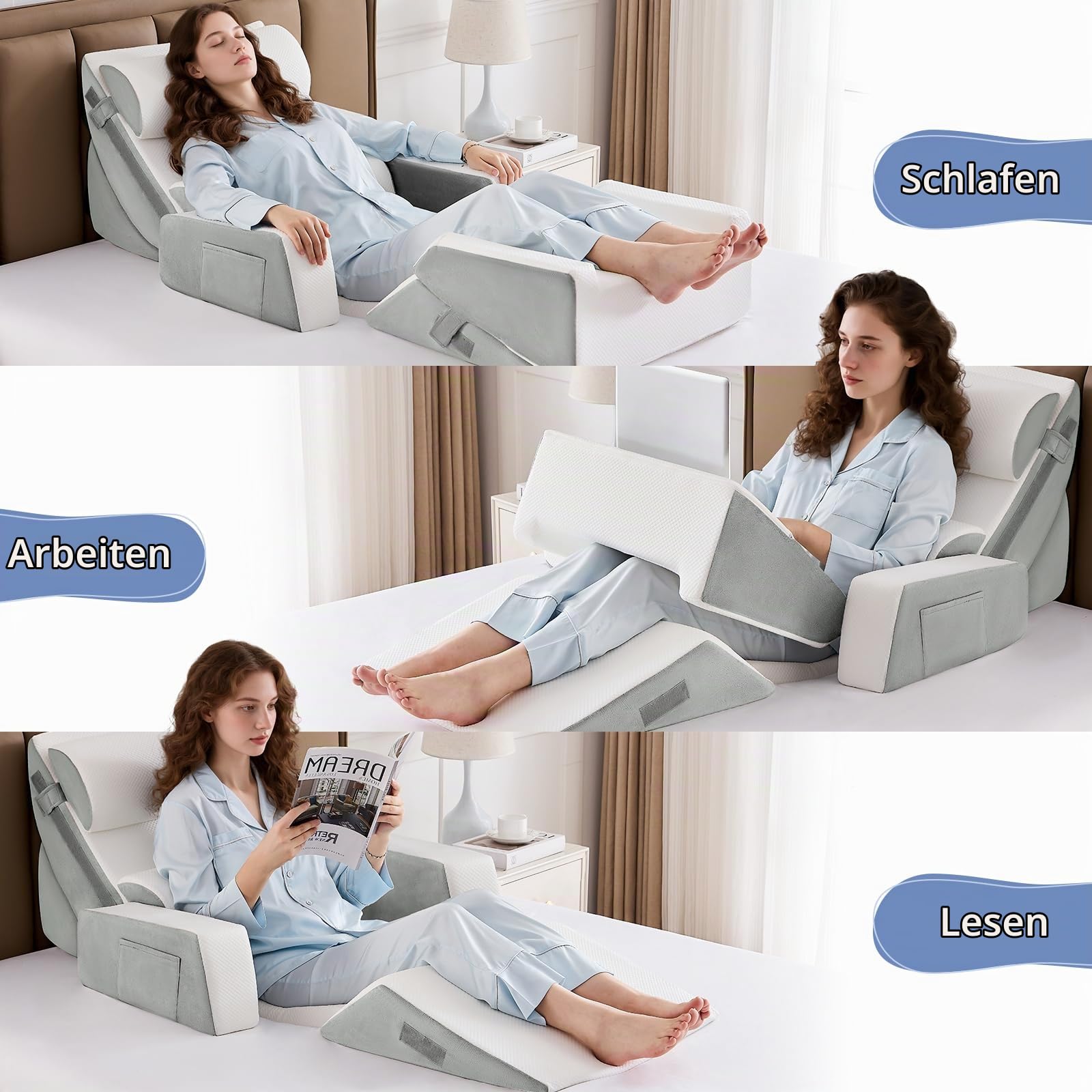9PCS Orthopädische Bett Keil Kissen Set,Post Chirurgie Schaum Kissen für Körper, Rücken und Beine Schmerzlinderung,Justierbare Stützkissen mit Säure Reflux Bed Wedge Memory Foam Durchgehend dunkelgrau