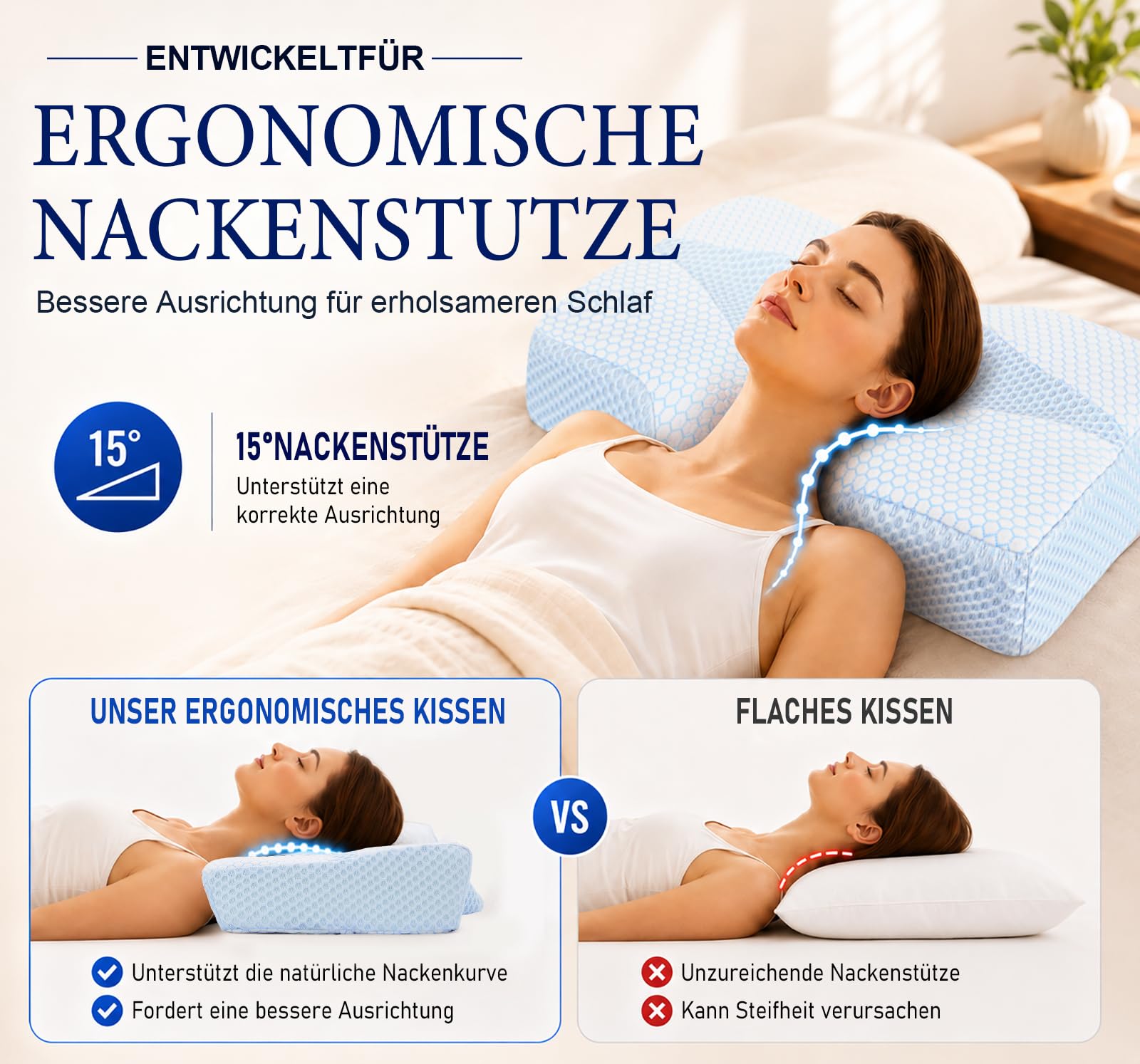 Nackenstützkissen gegen Nackenschmerzen, orthopädisches Kopfkissen, ergonomisches Memory Foam Nackenkissen mit 2 Höhen, Hohlraum & kühlendem Bezug, für Seiten- und Rückenschläfer
