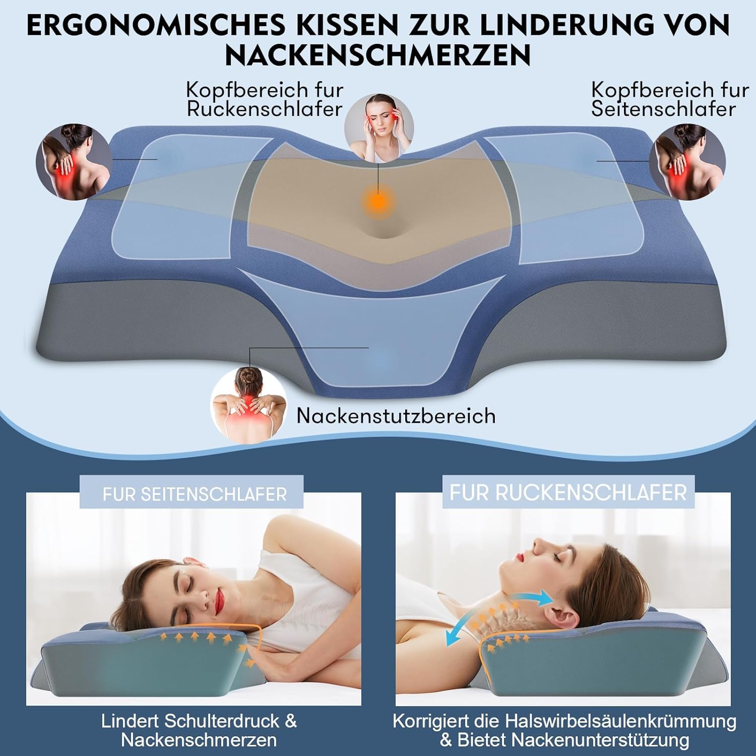 Nackenstützkissen gegen Nackenschmerzen, orthopädisches Kopfkissen, ergonomisches Memory Foam Nackenkissen mit 2 Höhen, Hohlraum & kühlendem Bezug, für Seiten- und Rückenschläfer