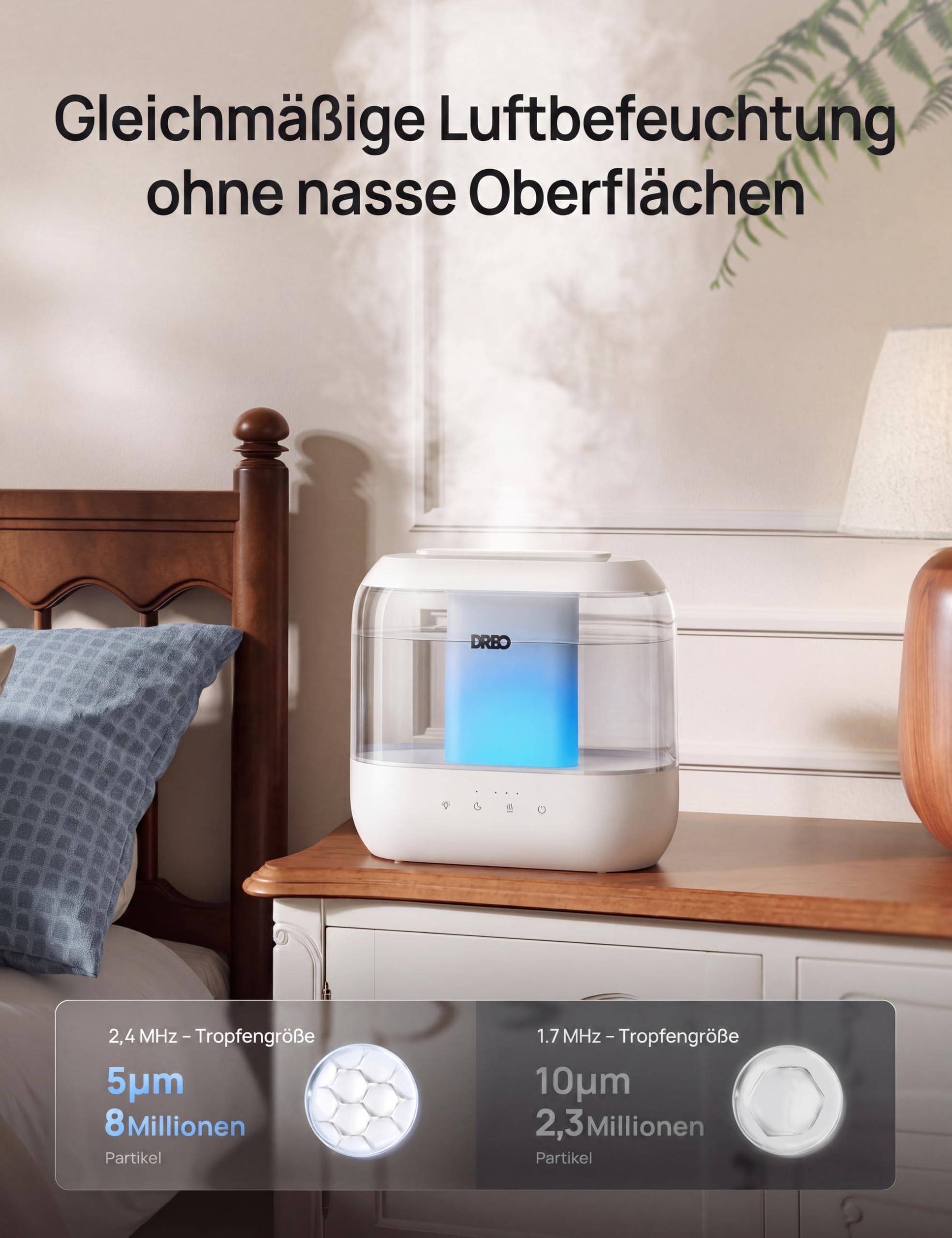 Smart Luftbefeuchter für Schlafzimmer, oben befüllbarer 4L Supergroßer Kühler Nebel Humidifier mit Öl Diffusor und Nachtlicht, 36 Stunden Laufzeit, leiser Ultraschall Luftbefeuchter Zuhause