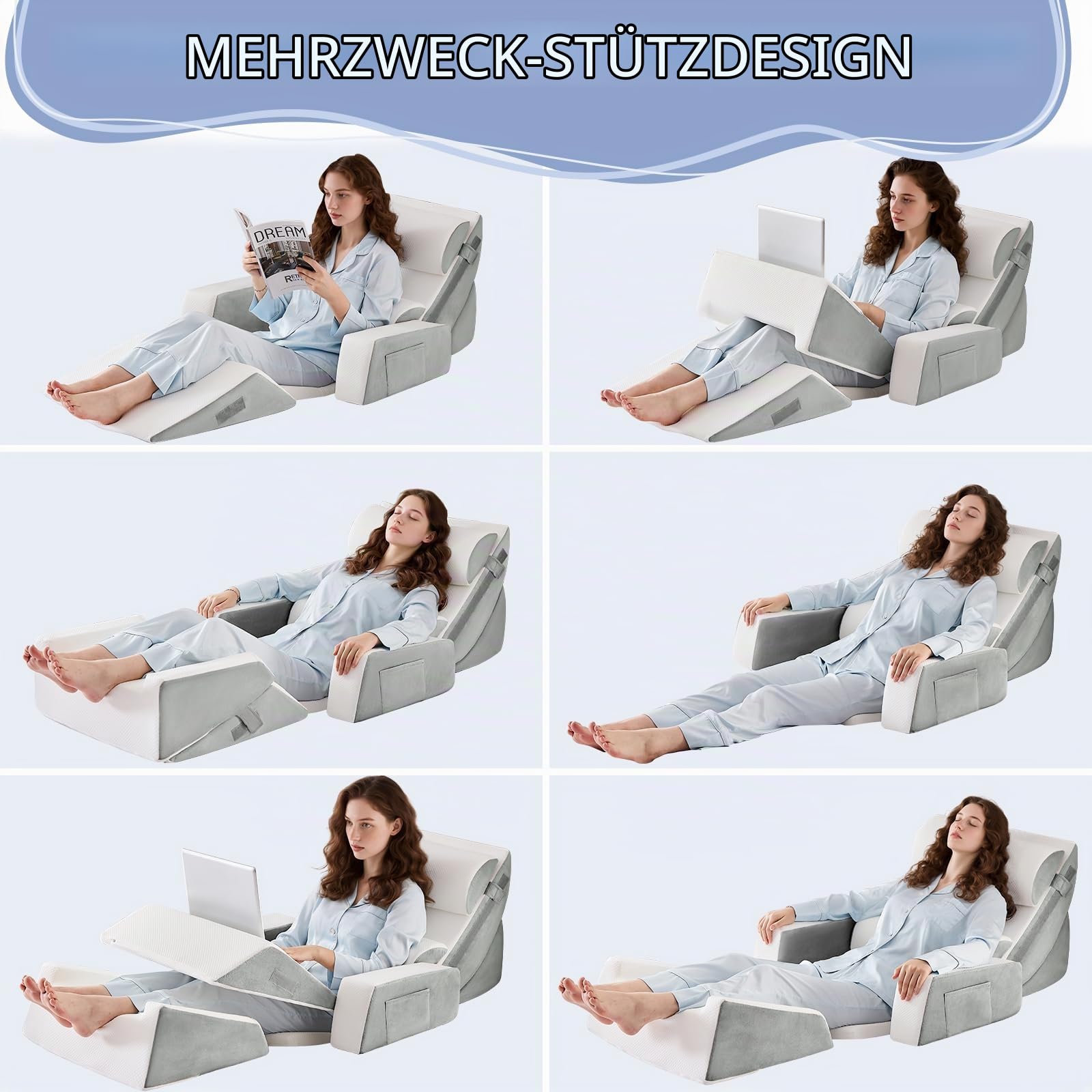 9PCS Orthopädische Bett Keil Kissen Set,Post Chirurgie Schaum Kissen für Körper, Rücken und Beine Schmerzlinderung,Justierbare Stützkissen mit Säure Reflux Bed Wedge Memory Foam Durchgehend dunkelgrau