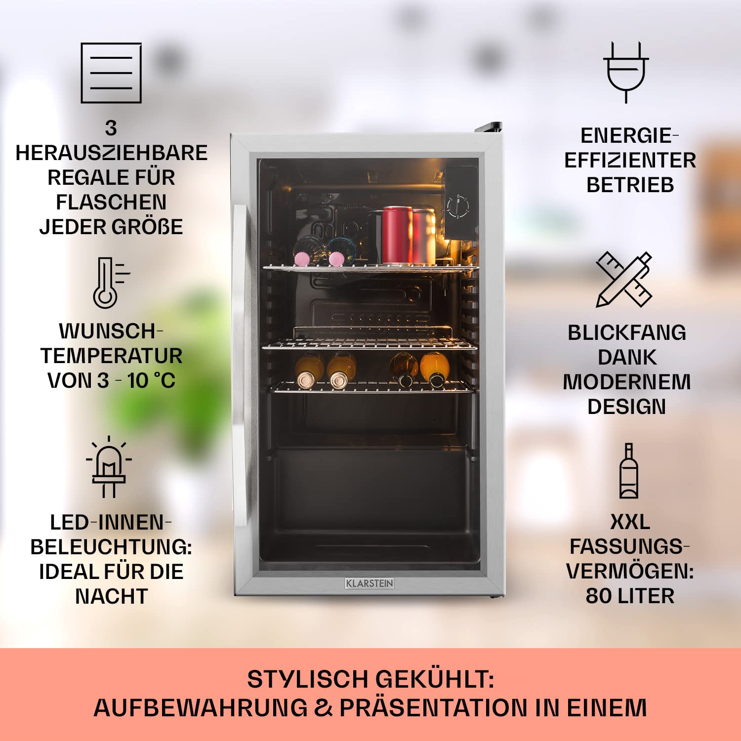 Beersafe Getränkekühlschrank 60 L – Mini Kühlschrank mit Glastür, Kupfer | LED-Beleuchtung, herausnehmbare Metallablagen, leise, Flaschenkühlschrank für Getränke & Dosen