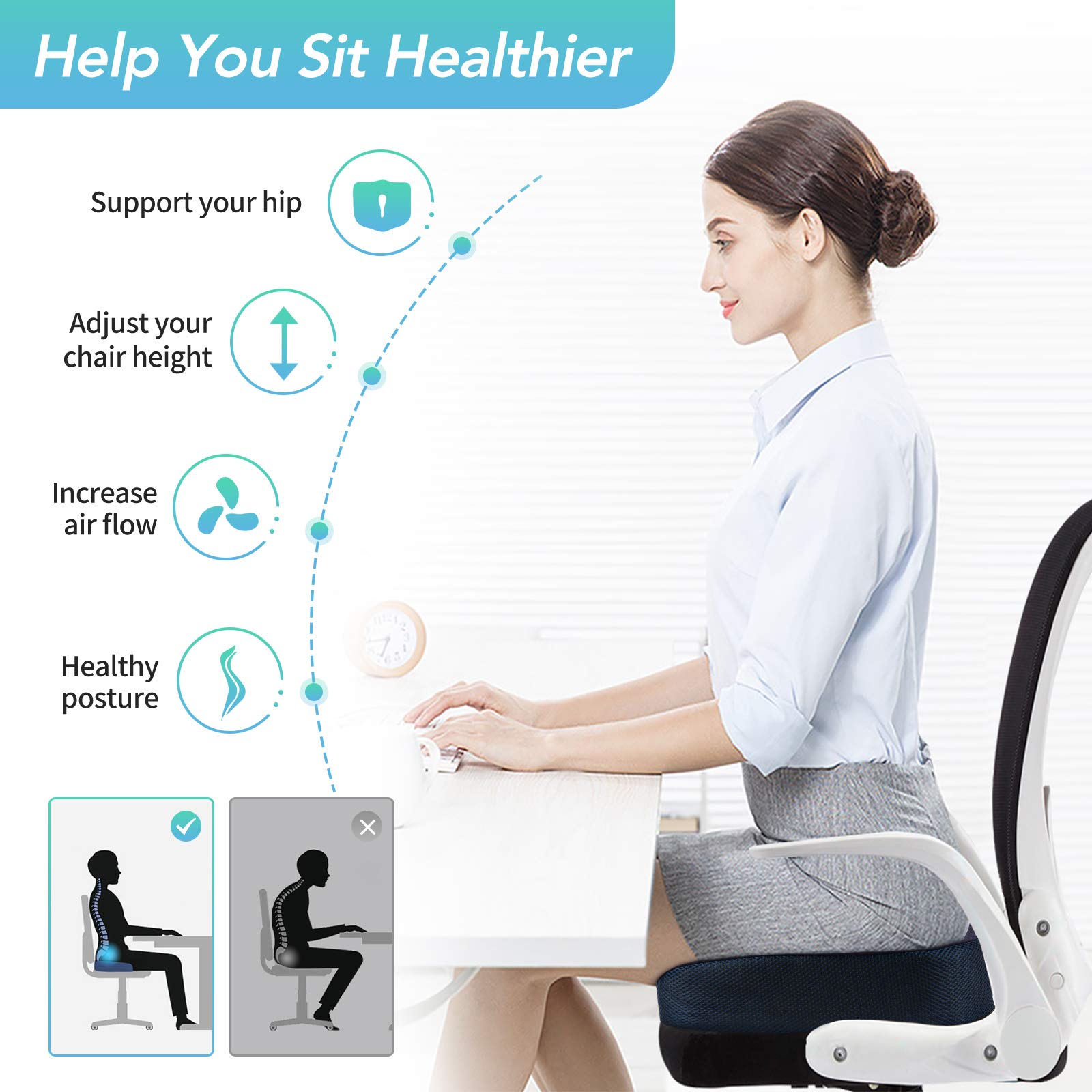Sitzkissen, Orthopädisches Sitzkissen aus Memory Foam, Ergonomisches Sitzkissen für Bürostuhl /Autositz / Steissbeinkissen Stuhlkissen Sitzkissen Outdoor Zuhause, Schwarz