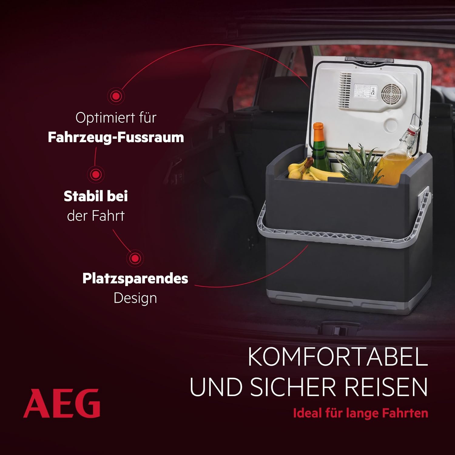 AEG Thermoelektrische Kühlbox KK 28, kühlt bis 20 °C unter Umgebungstemparatur, 28 Liter Fassungsvermögen, 12V/230V, Tragegriff & Kabelfach, leicht zu reinigen, für Auto, Reisen & Camping