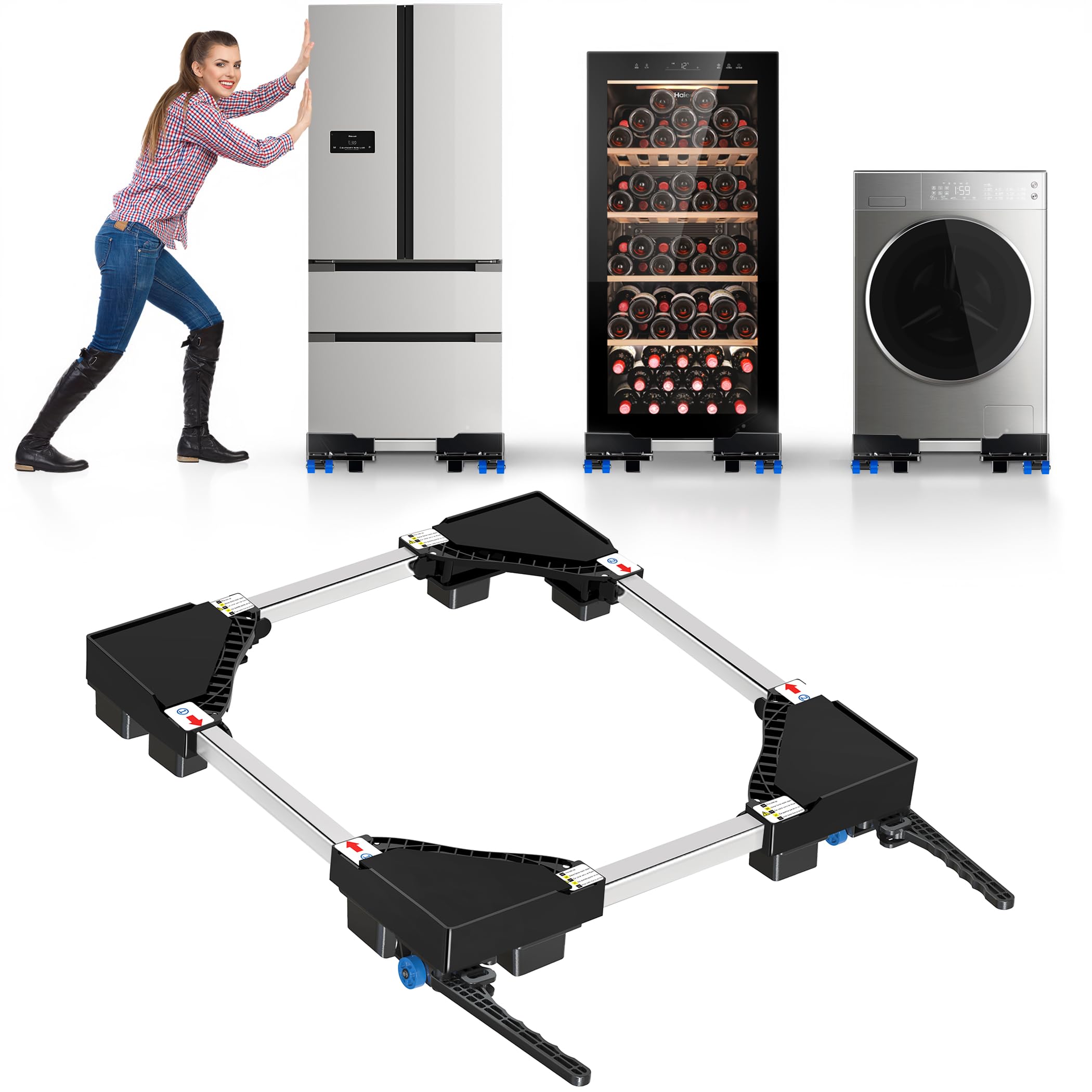 Waschmaschinen Untergestell mit 4 Füßen für Waschwaschine,Kühlschrank und Trockner,Verstellbare Waschmaschinensockel mit Rutschfester Stoßdämpfungsfunktion,(Einstellbare:42-65cm) | Verstellbare Breite 42-65cm Waschmaschinensockel mit Rutschfester St