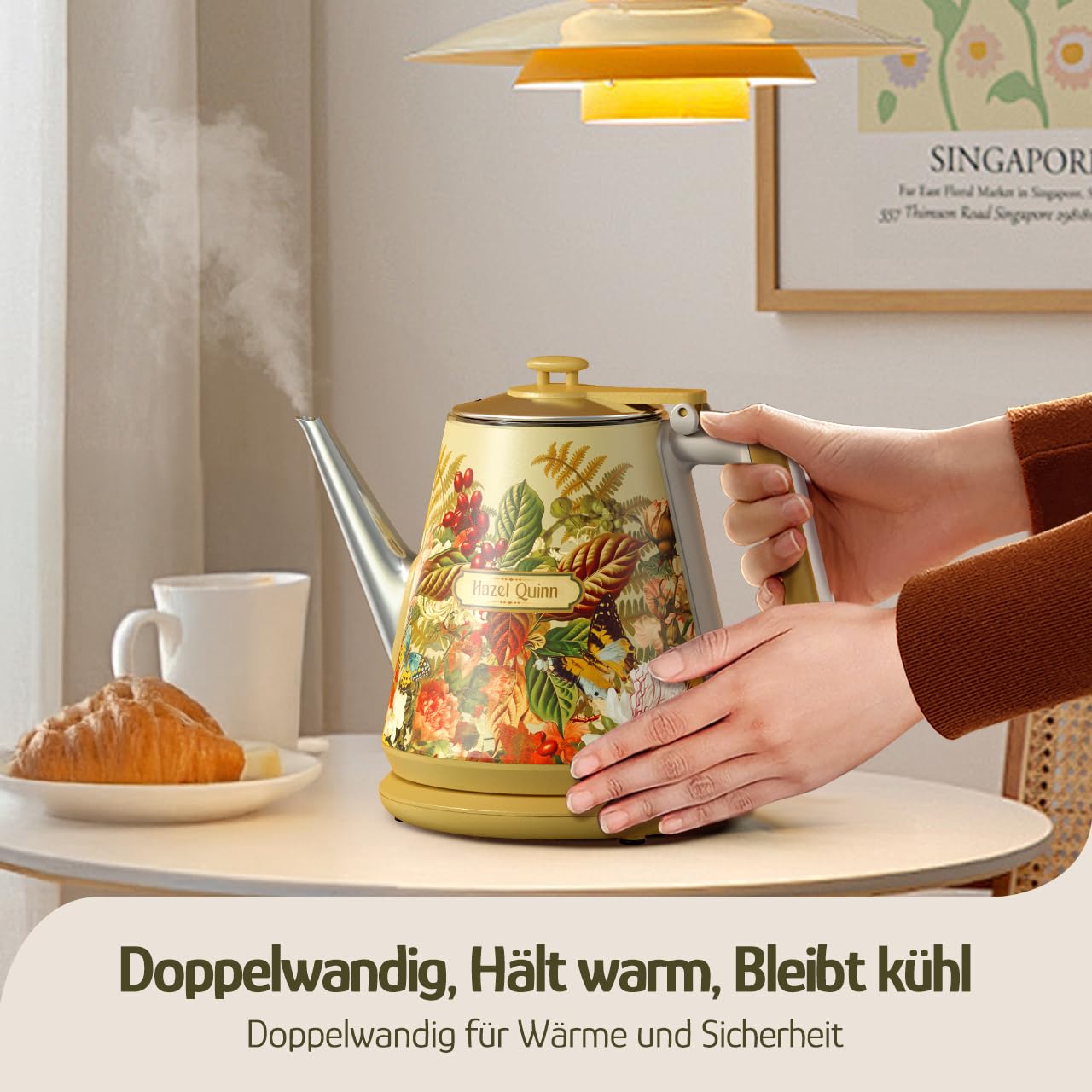 Elektrischer Wasserkocher, 1 Liter, Retro Design, Kleiner Teebereiter, Doppelwand, 304 Edelstahl, 1360W Schnelles Kochen, BPA-frei, automatische Abschaltung