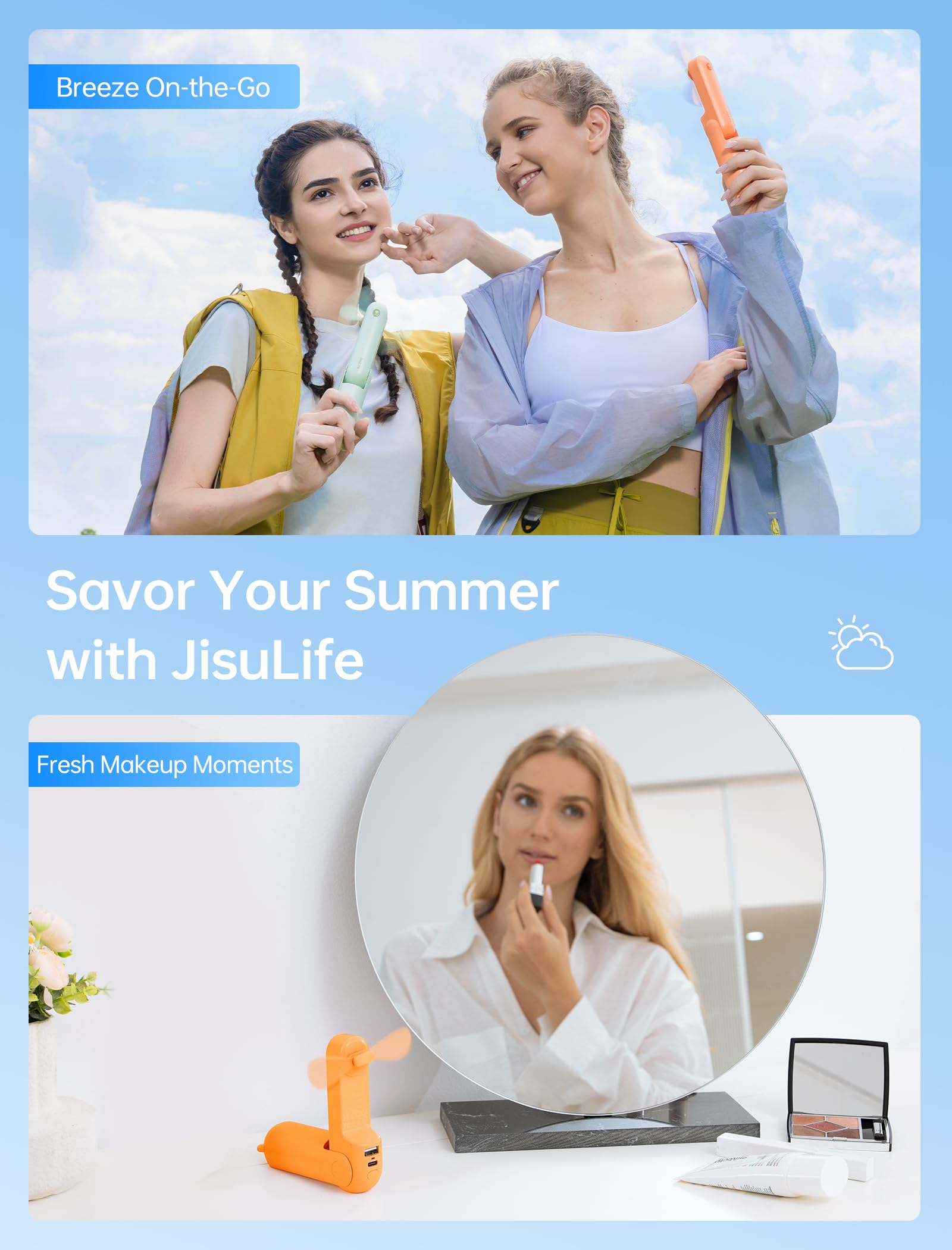 Mini Handventilator, 3-in-1 Handventilator, wiederaufladbarer USB /12–19 Betriebsstunden - mit Powerbank, Taschenlampe, tragbarer Ventilator für Reisen/Sommer, Geschenke für Frauen-Rosa