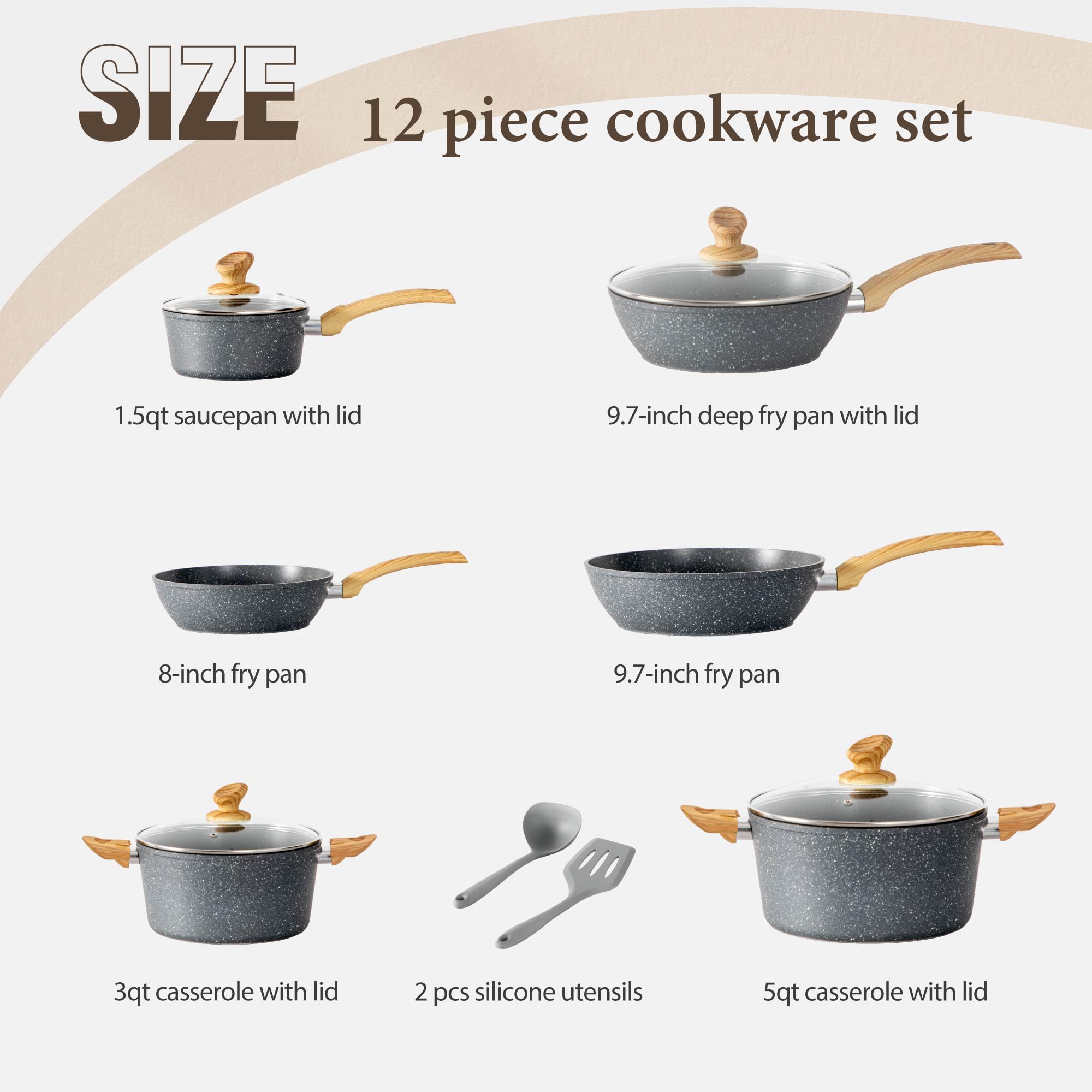 12-teiliges graues Granit-Kochtopfset, Non-Stick Pot Set und Pfannenset / NEU & OVP!