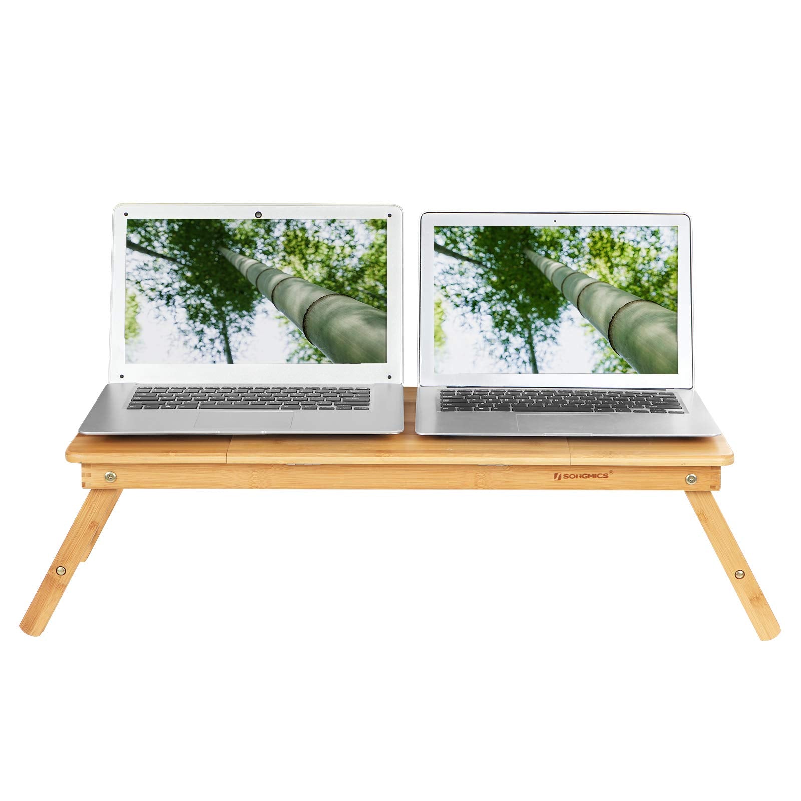 Laptoptisch für Bett, Laptopständer, Winkel- und höhenverstellbar, klappbare Beine, für Laptops bis 15,6 Zoll, Arbeiten, Lesen, Bambusbeine, Schublade, 55,5 x 34,9 cm, vintagebraun LLD105B01