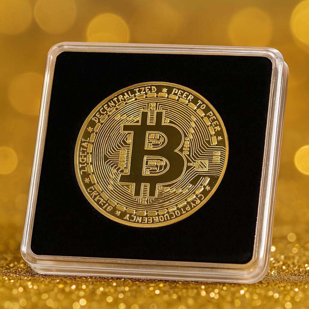 Crypto Bitcoin Coin / 24 Karat Gold / Inklusive elegantes Plexiglas-Münzgehäuse