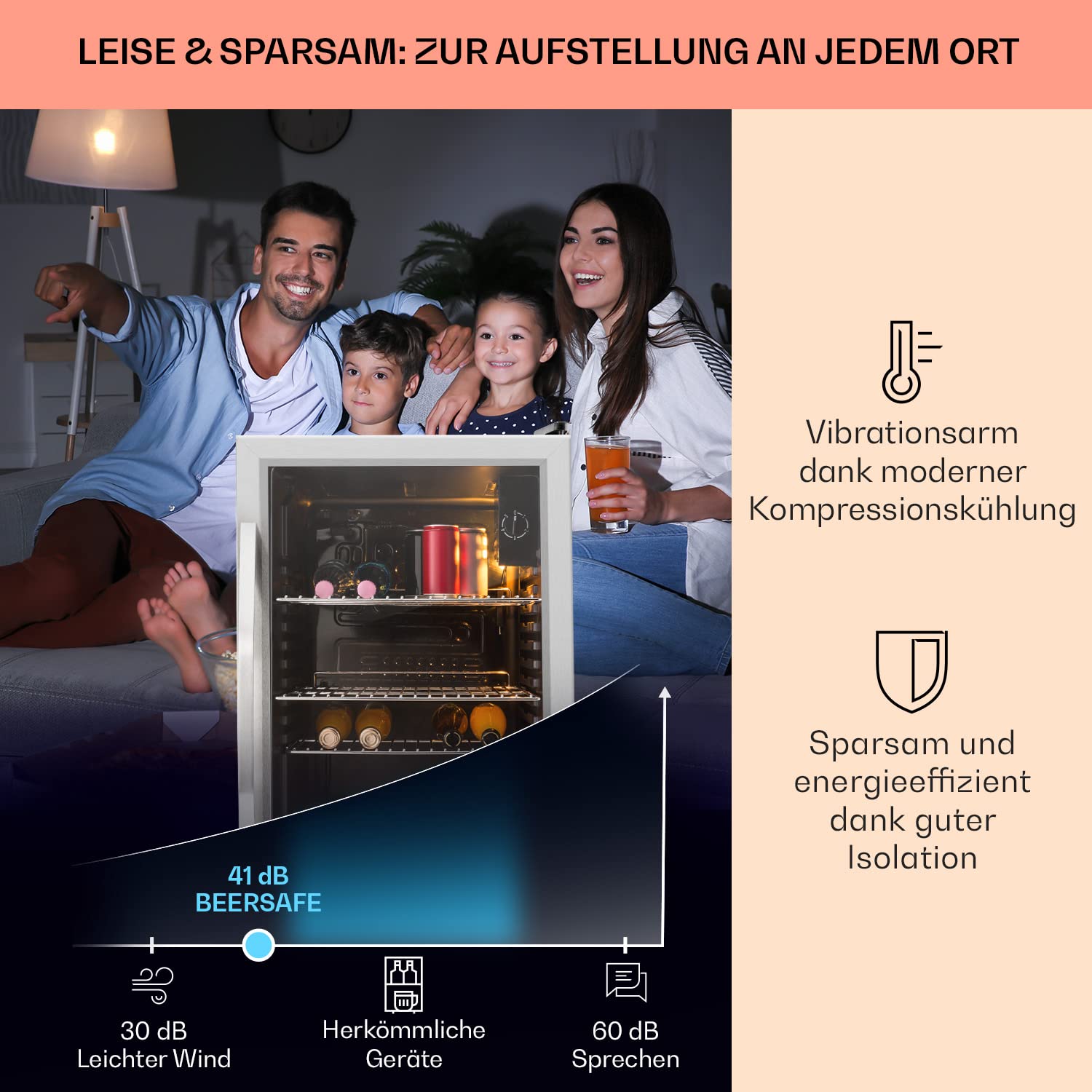 Beersafe Getränkekühlschrank 60 L – Mini Kühlschrank mit Glastür, Kupfer | LED-Beleuchtung, herausnehmbare Metallablagen, leise, Flaschenkühlschrank für Getränke & Dosen