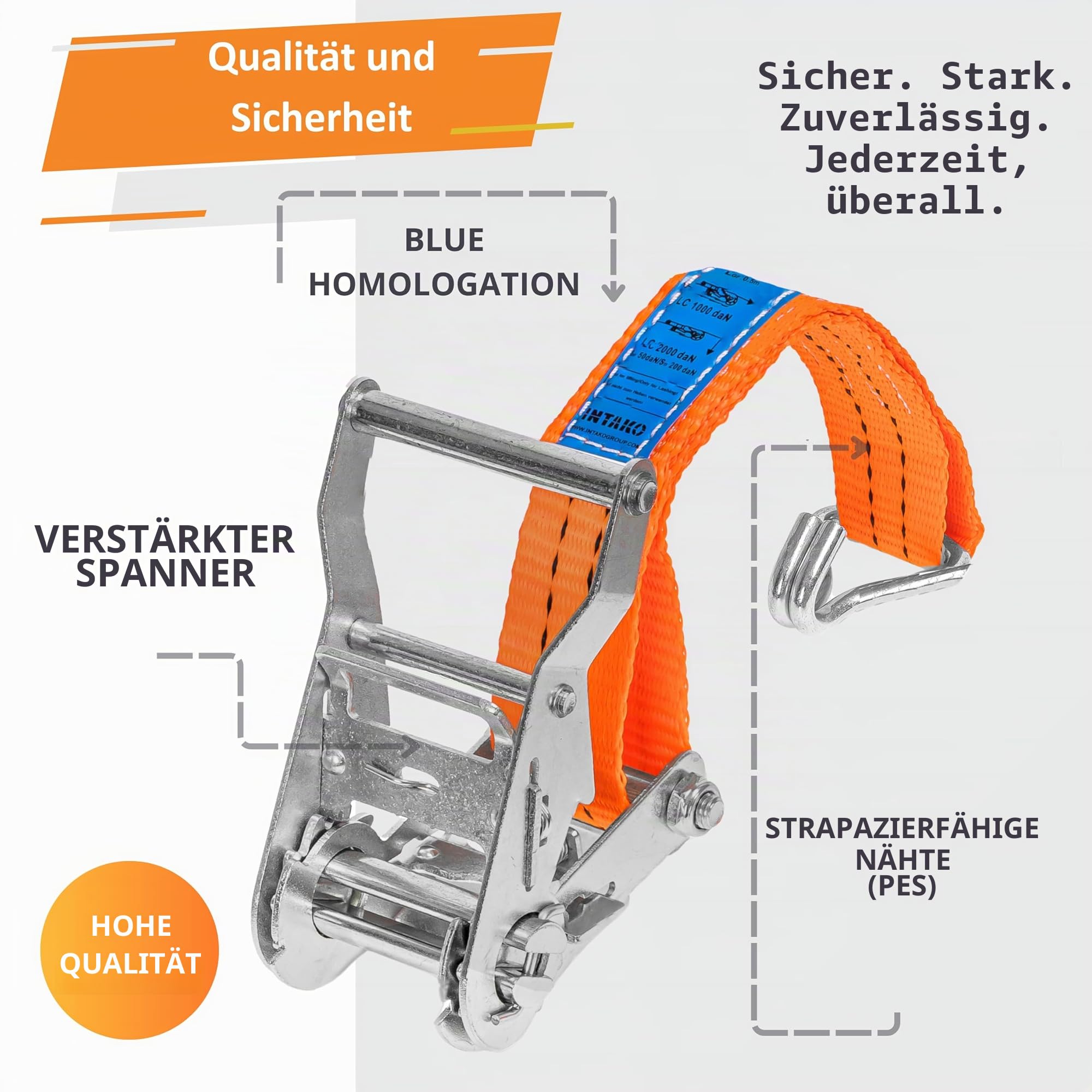 Spanngurte mit Ratsche und Haken - 4m / 6m / 8m - 2000kg 35mm - 4 Stück - Ratschen Set - Ratschengurt 2-Teilig - Zurrgurt Orange - TÜV GS Geprüft und gemäß DIN EN 12195-2 (Orange, 6m)