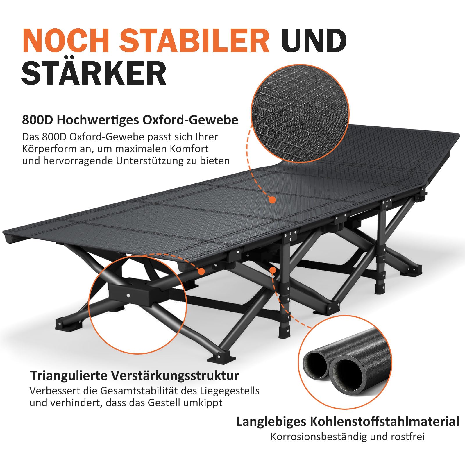 Camping Bett - Feldbett - Gästebett bis 200 kg mit Seitentasche, Portable Camping Lounge, Outdoor, Garten, Reisen, Camping, Indoor