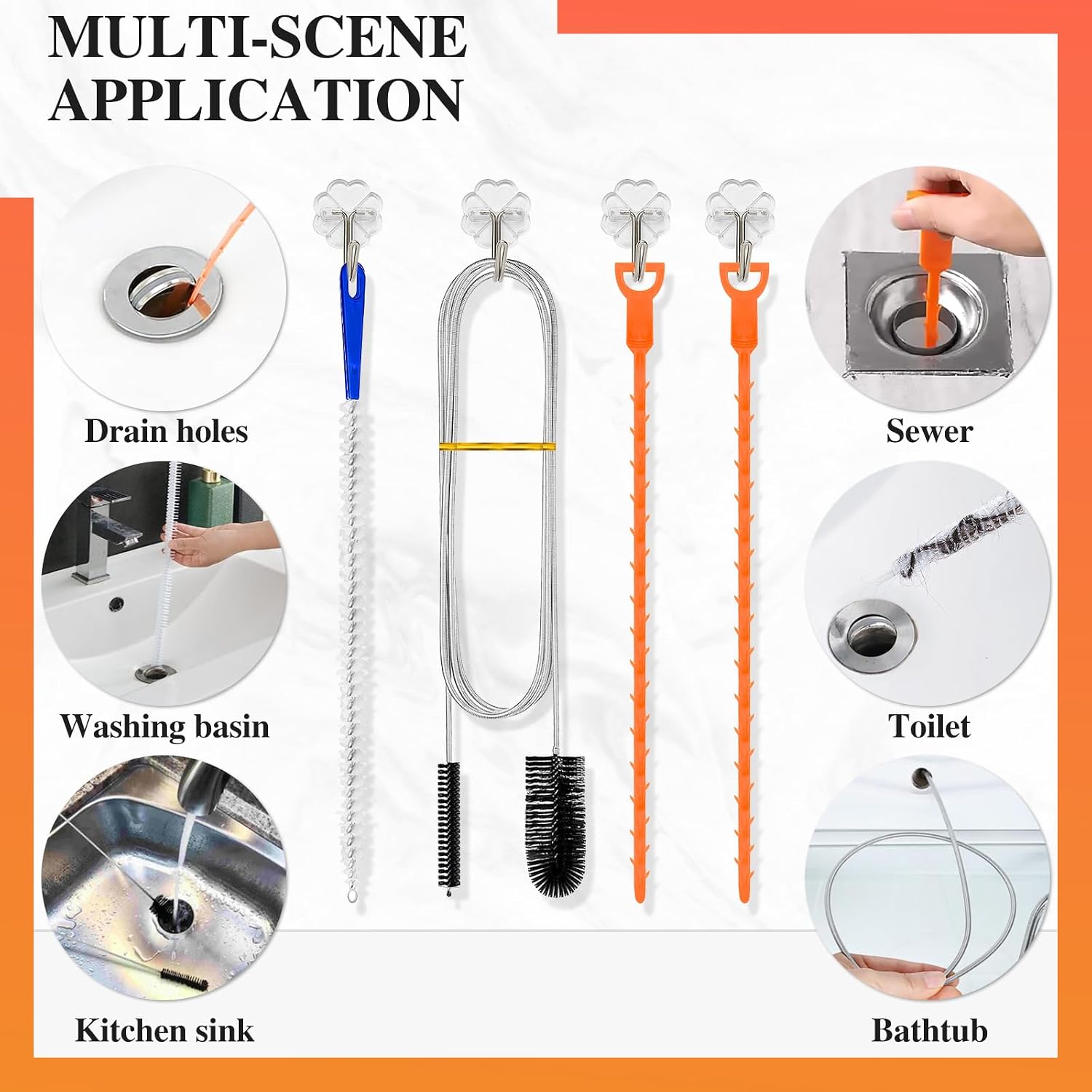 Abflussreiniger Spirale,Doppelkopf-Rohrreinigungsbürste Edelstahl-Kanalreiniger,Abflussreiniger Sticks, Abfluss Bürste,Flexible Reinigungsbürste für den Abfluss in Küche und Dusche