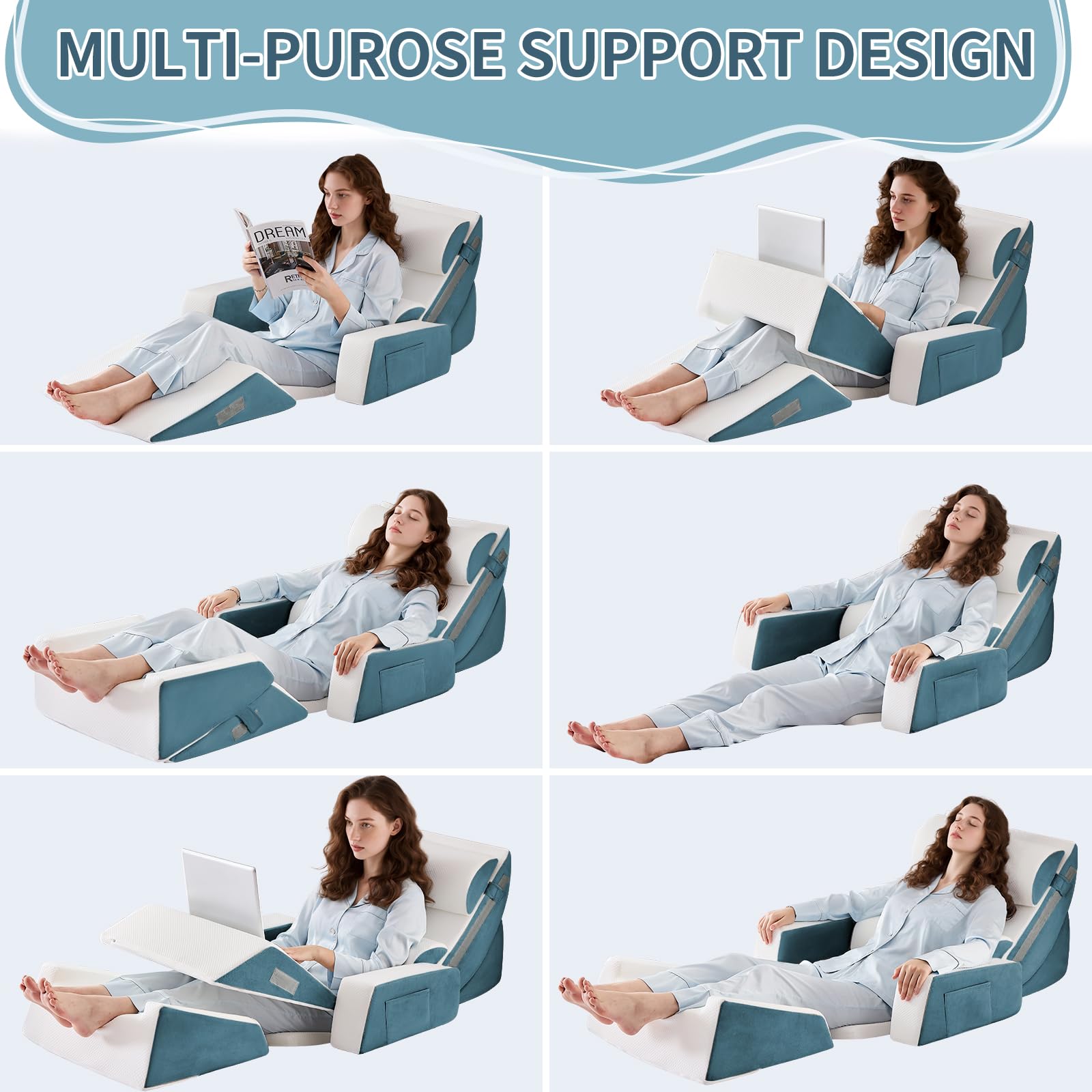 Orthopädische Bett Keil Kissen Set,Post Chirurgie Schaum Kissen für Körper, Rücken und Beine Schmerzlinderung,Justierbare Stützkissen mit Säure Reflux Bed Wedge Memory Foam Hellgrau