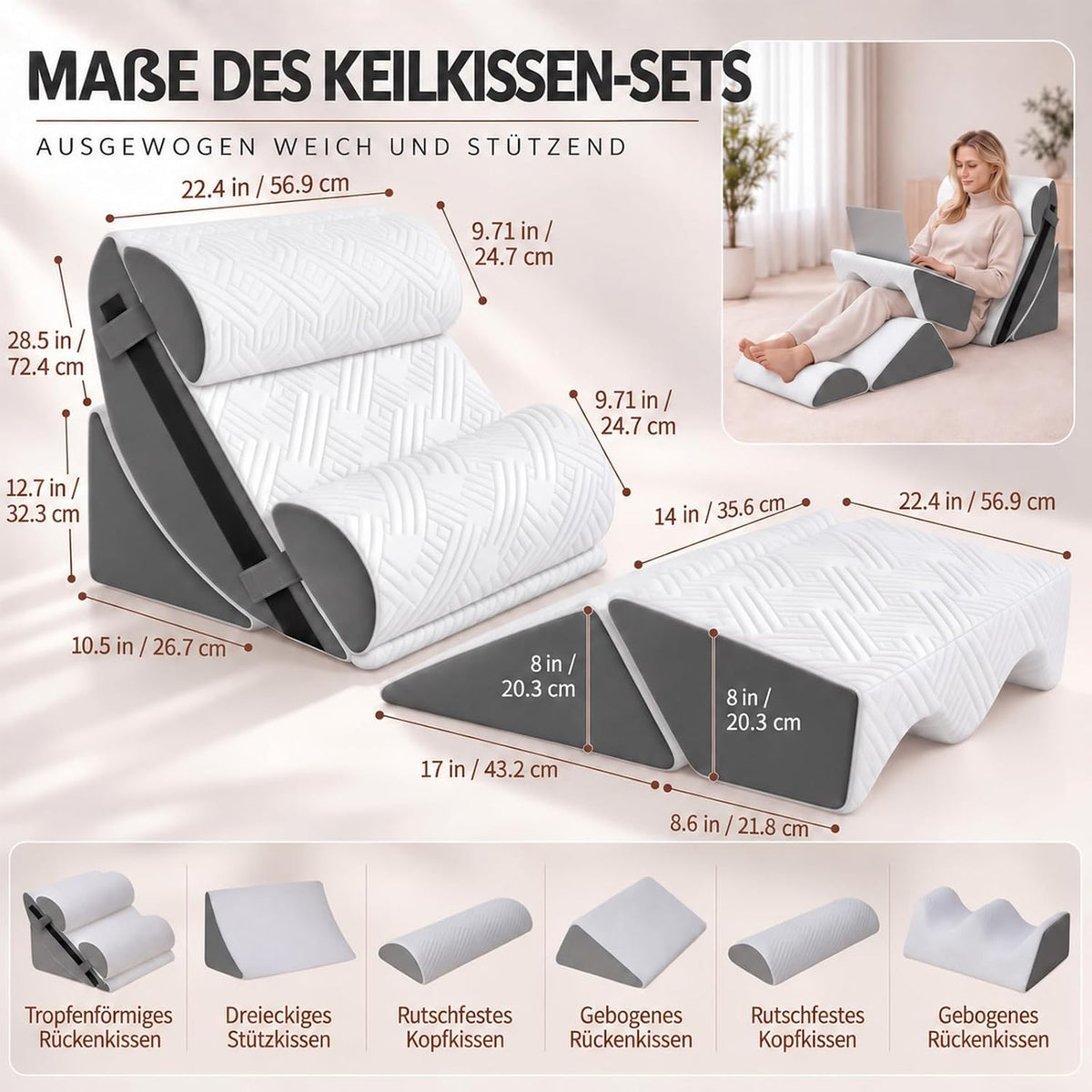 Orthopädisches Keilkissen- 6pcs Verstellbares Lesekissen - Rücken Nacken Beine