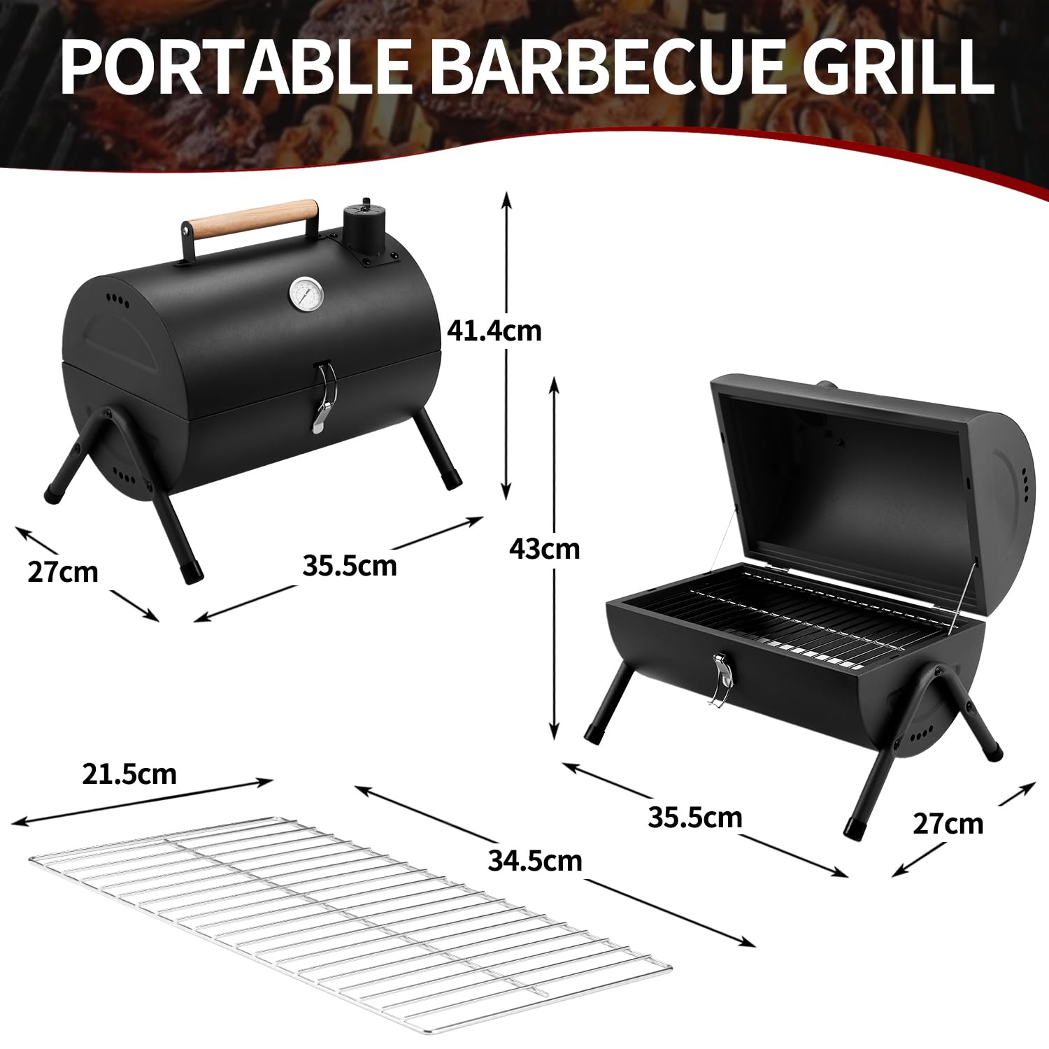 Holzkohlegrill Klein Campinggrill Kleiner Grill Camping Grill Holzkohle Mini Tragbarer Klappgrill Holzkohle für Outdoor Kochen, Picknick, Ideal für Strand, Wohnwagen, Garten, Party Barrel Schwarz