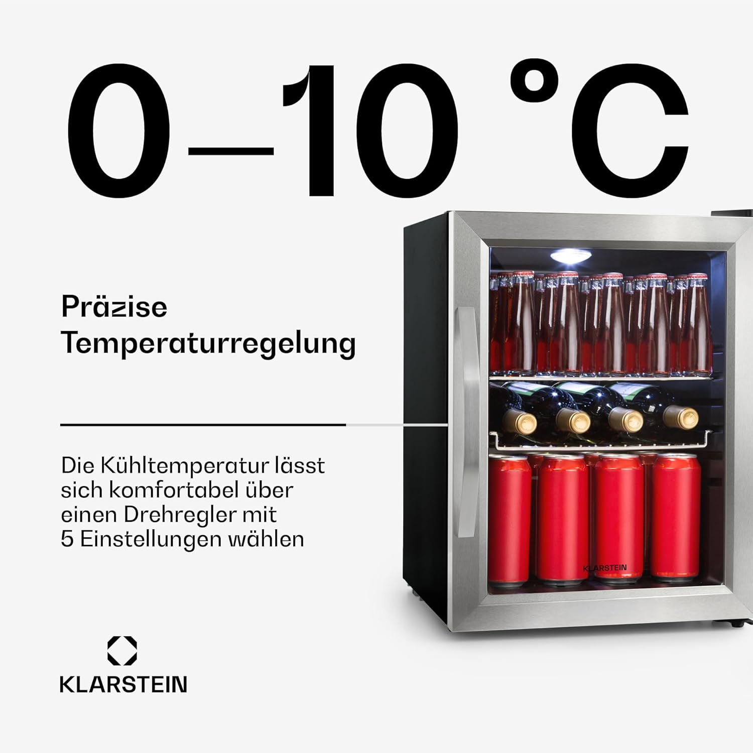 Getränkekühlschrank 33 L – Mini Kühlschrank mit Glastür, Silber-Schwarz | LED-Beleuchtung, herausnehmbare Metallablagen, leise, Flaschenkühlschrank für Getränke & Dosen