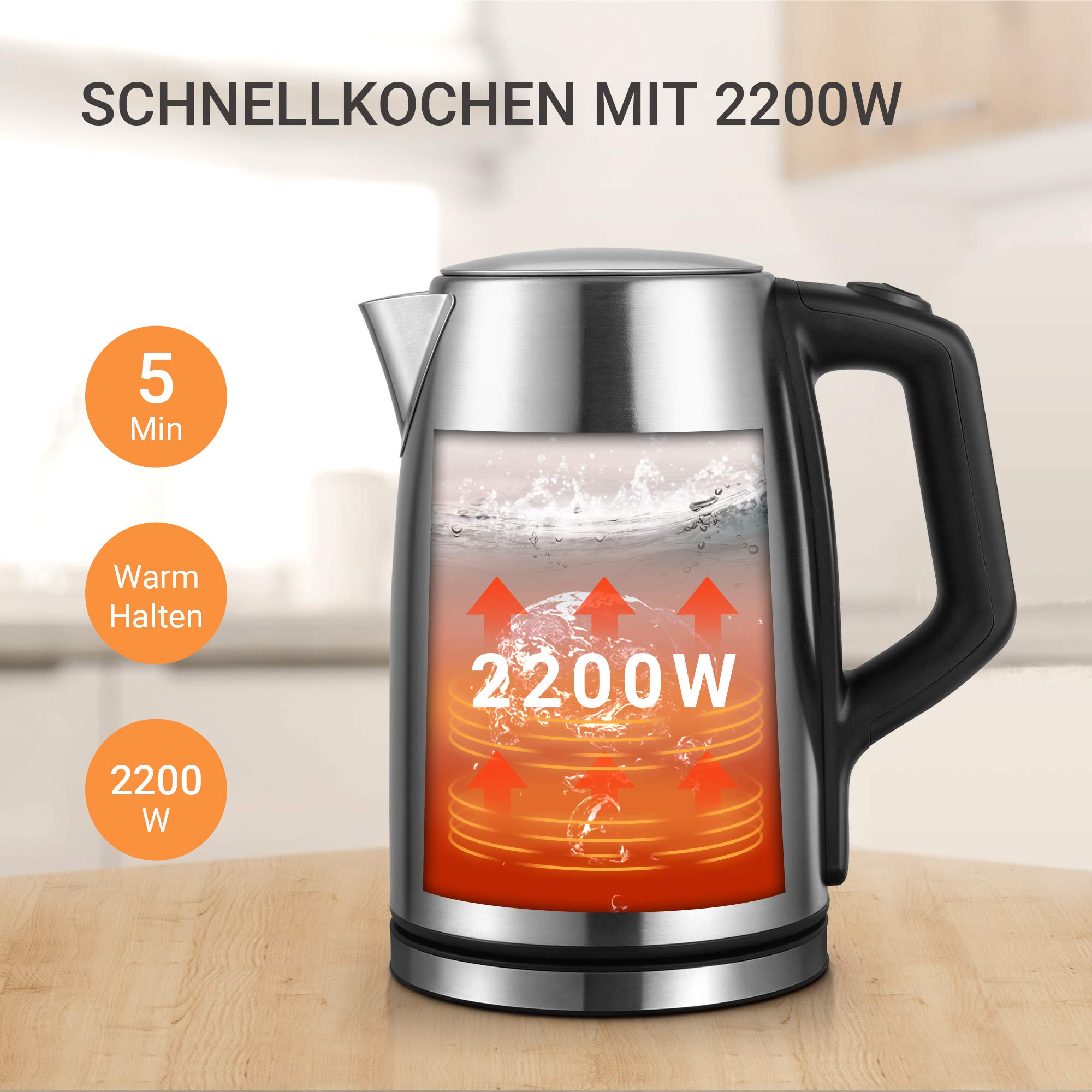 Edelstahl-Kessel mit Temperatureinstellung, 45°C - 100°C, 1,5 Liter, 2200 W Wasserkocher weiß, Teebereiter mit Temperaturanzeige und Sicherheitsfunktionen, BPA-frei, Doppelwanddesign