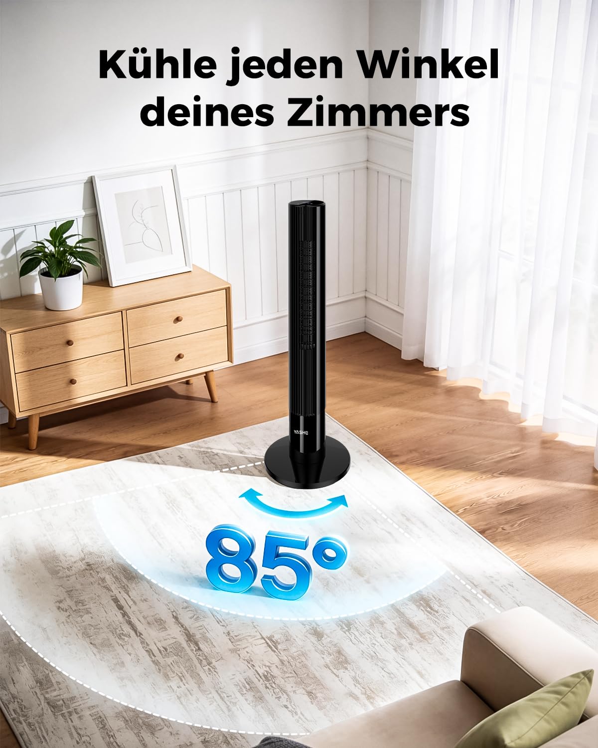 Turmventilator mit Fernbedienung, 85°-Oszillation, leiser Standventilator (28 dB), 3 Geschwindigkeitsstufen, 2 Modi, 12-Stunden-Timer, LED-Anzeige, für Schlafzimmer, Büro und Zuhause