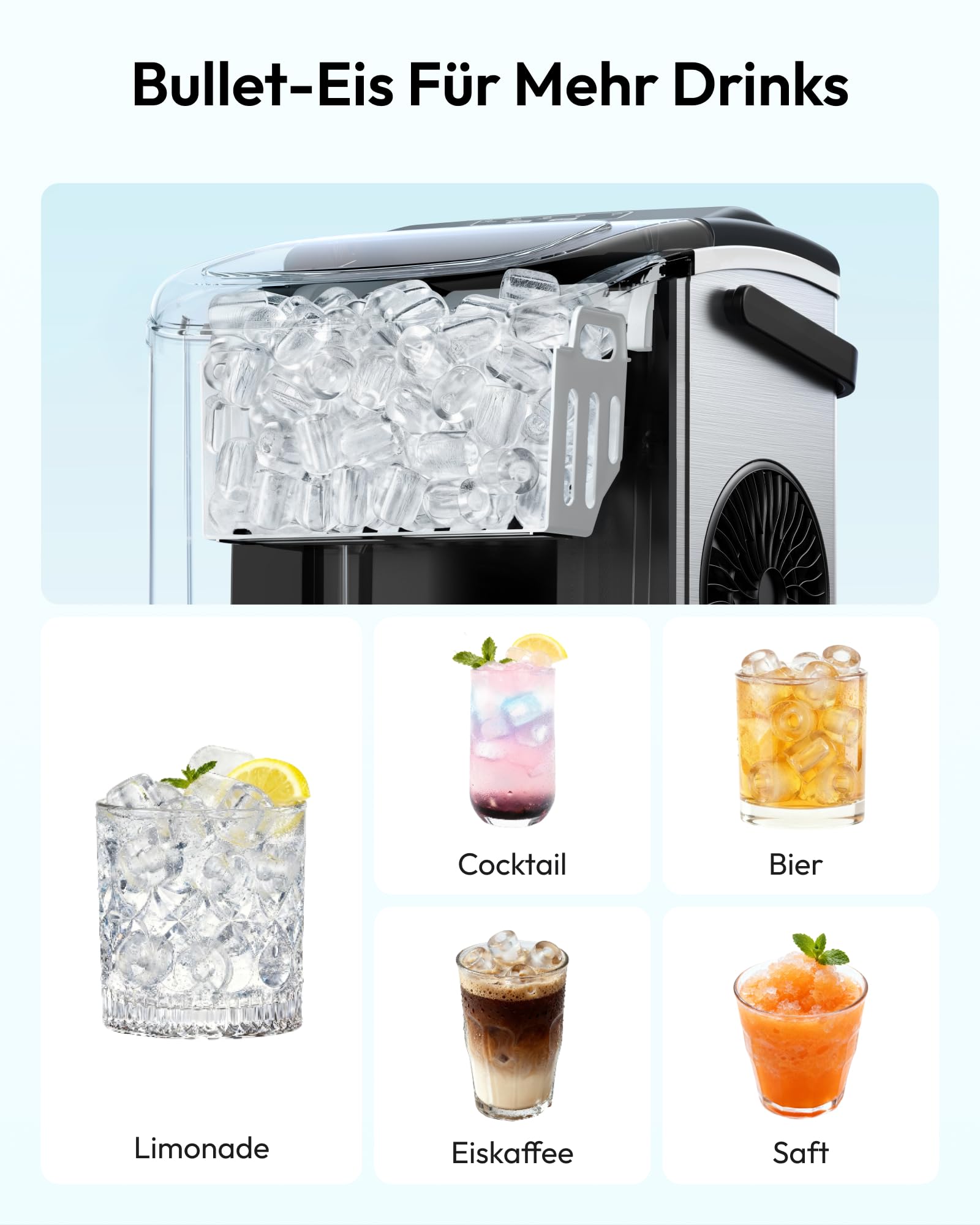 Eiswürfelmaschine Klein, 9 Eiswürfel in 6 Minuten, 12 kg/24H, Eiswürfelmaschine Edelstahl mit Tragbarem Griff, Selbstreinigender Kompakter Eiswürfelmaschinen für Zuhause/Küche/Büro/Bar