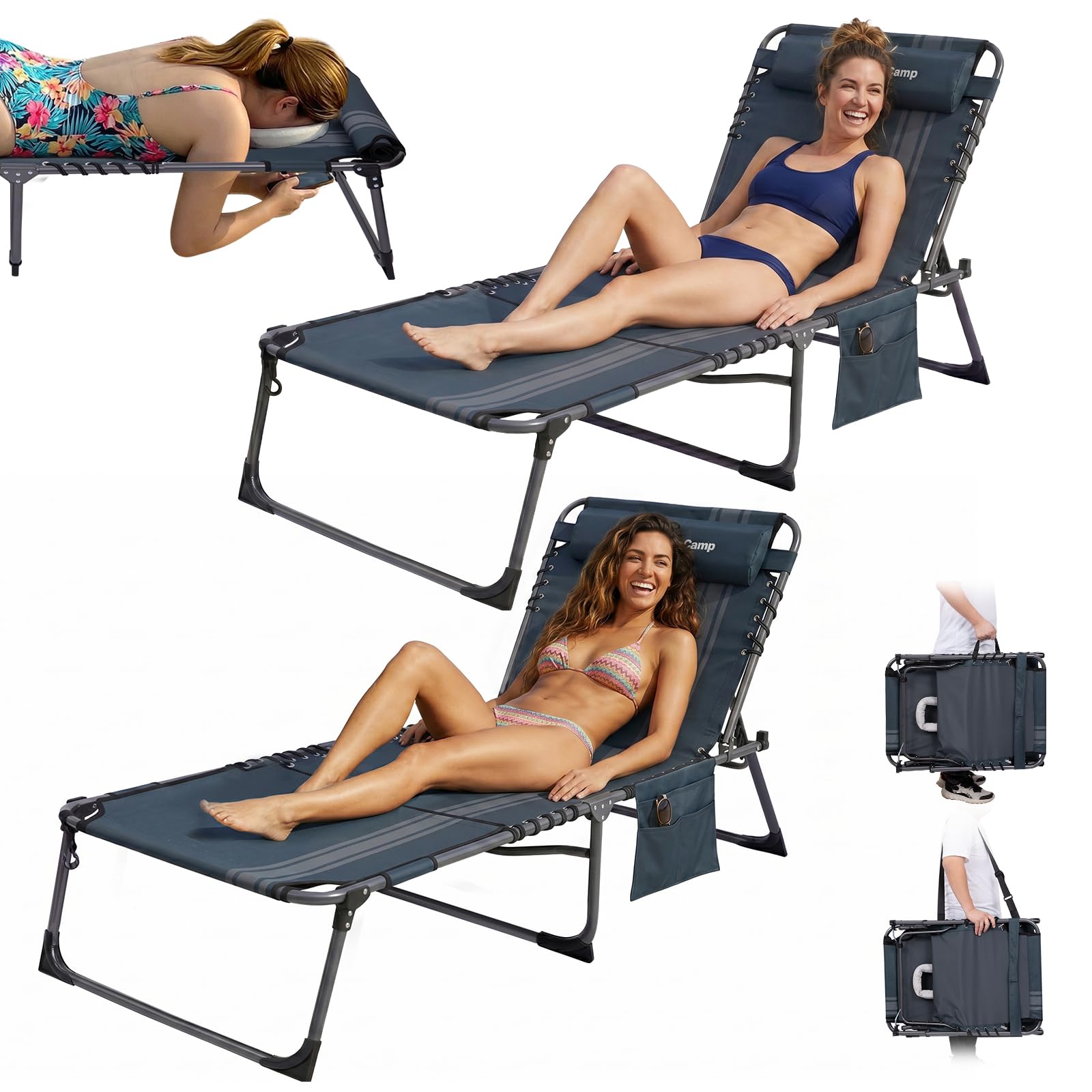 Sonnenliege Klappbar 5-Verstellbare, bis 180 kg, 2er Set, Blau | Gartenliege Klappbar, mit Kopfstütze & Seitentasche, Sonnenliege Wetterfest, Strandliege für Garten Terrasse Pool Camping