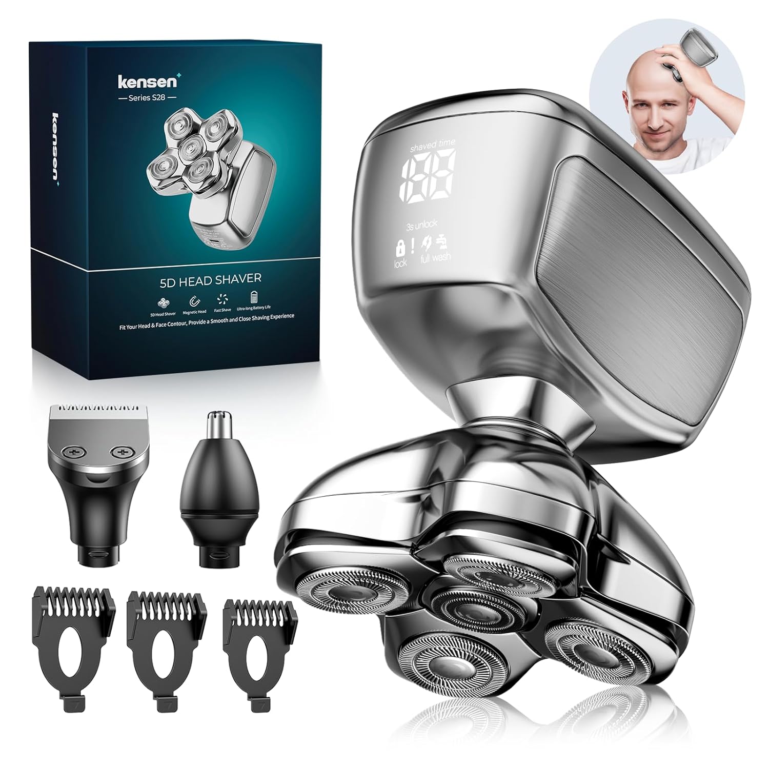 Glatzen Rasierer Herren, Kensen 5 In 1 Kopfrasierer Wasserdicht Head Shaver Men Magnetische Rasierer Glatze Herren Wiederaufladbar Glazenrasierer Typ-C Nass- Und Trocken