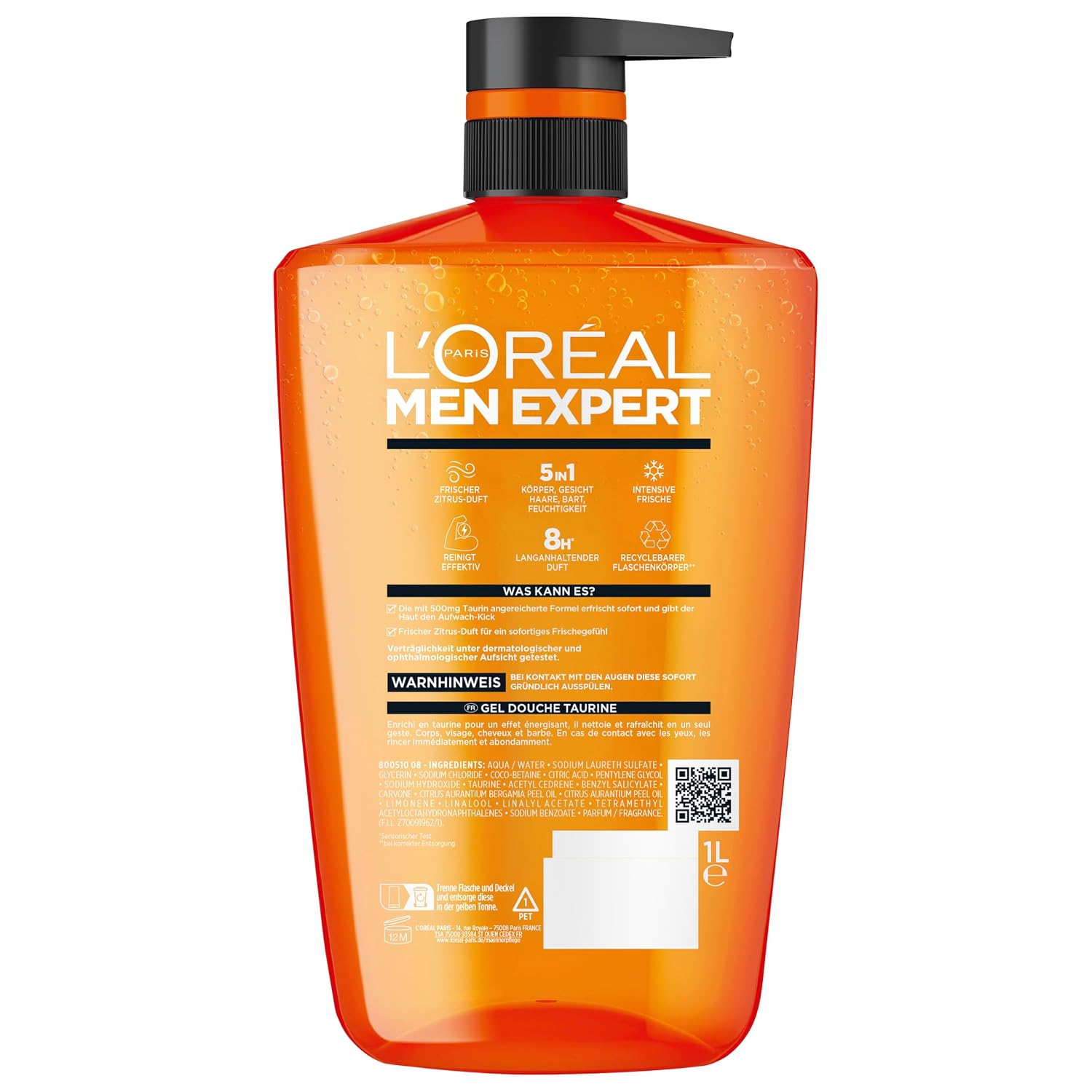 L'Oréal Men Expert 1L Duschgel und Shampoo für Männer, 3-in-1 Duschbad zur Reinigung von Körper, Haar und Gesicht, Herren Körperpflege für langanhaltende Frische mit Taurin, Hydra Energy, 1x1000 ml