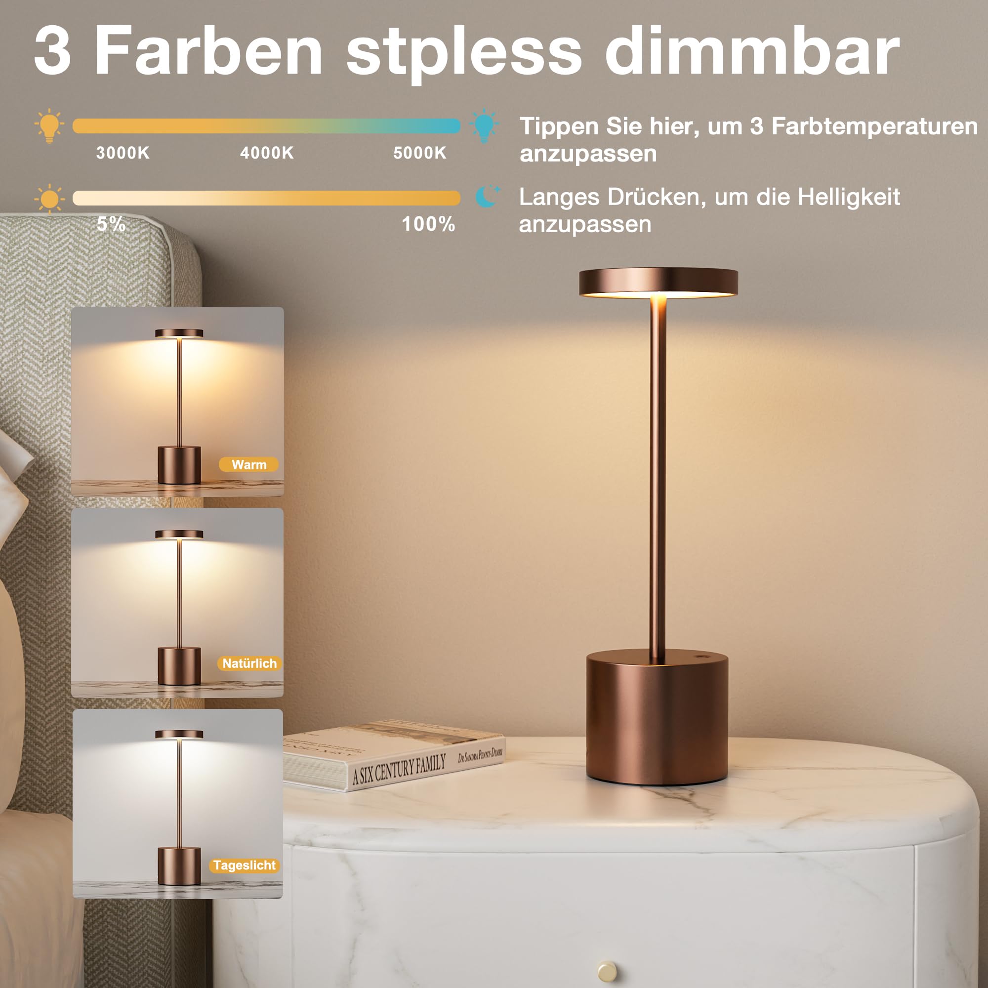 Tischlampe Batterie, LED Tischlampe Wireless, Tischlampe Wireless Batterie mit 3 Farbtemperaturen, Touch Nachttischlampe Dimmbar, kontinuierlich dimmbar für Schlafzimmer