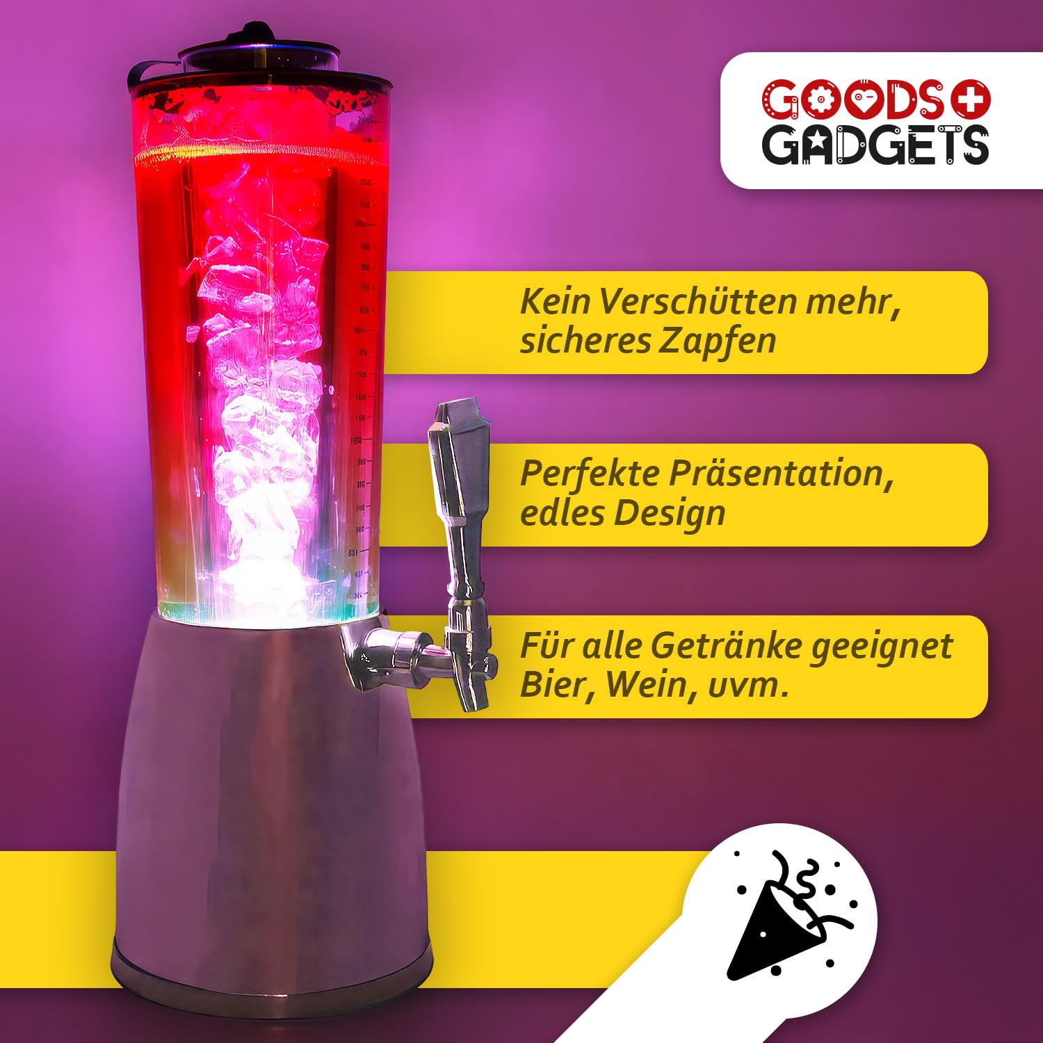 4,0L Biersäule Zapfsäule Kult Biertower Trinksäule Getränkespender Getränkesäule mit 1,3L Eiskühlung (Schwarz)