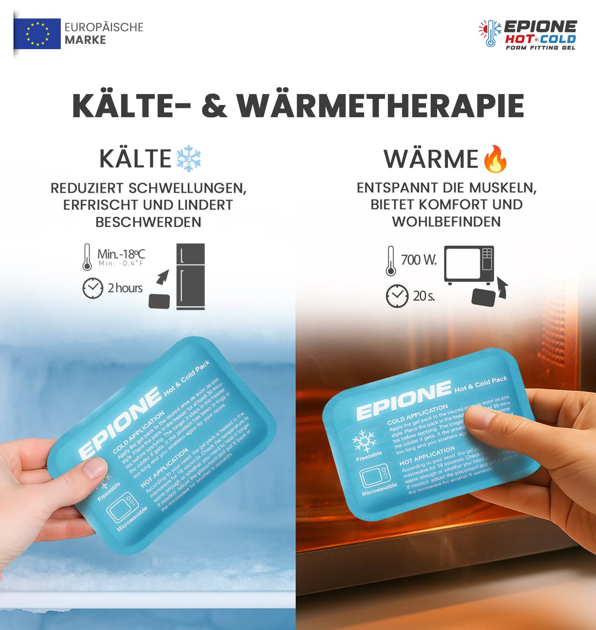 Kühlpads Epione 3XL Gelkissen kalt/warm – mit elastischem Gurt und Stoffhülle – wiederverwendbar zur Schmerzlinderung bei Muskel‑ und Gelenkschmerzen, Verletzungen und Physiotherapie