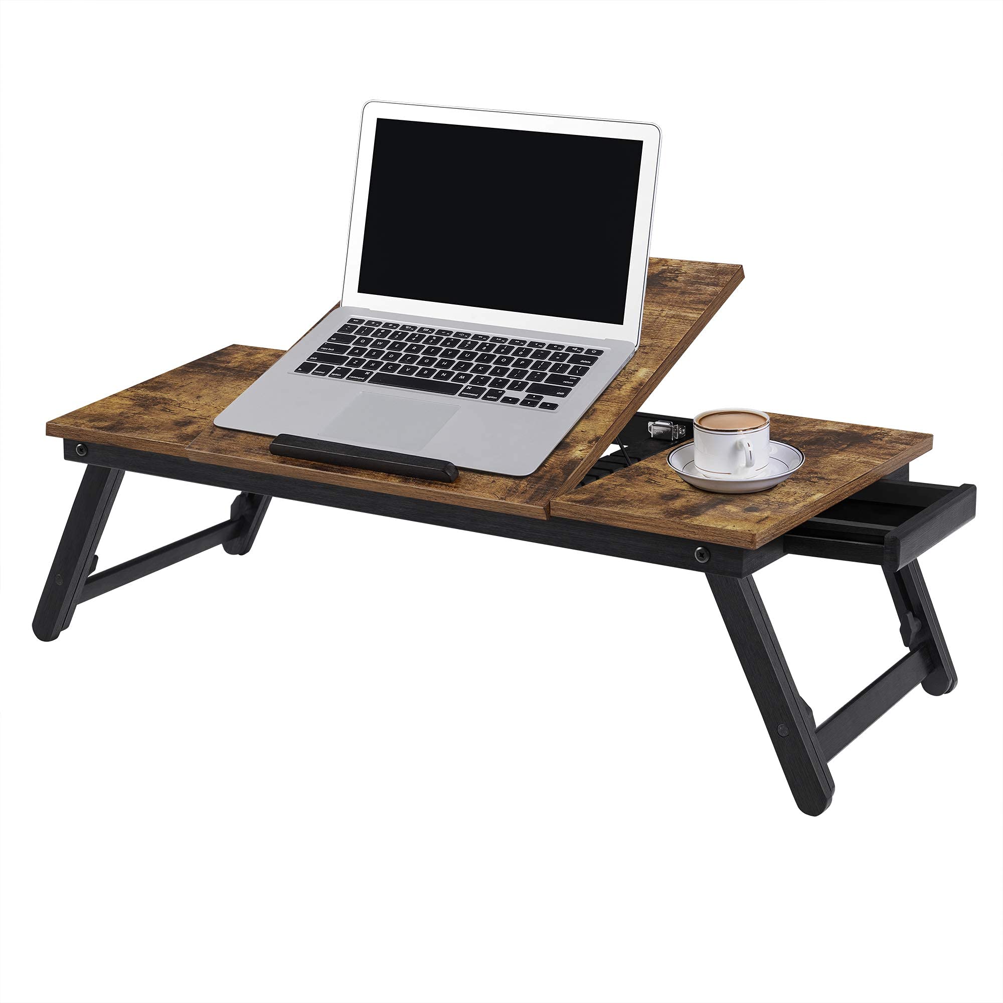 Laptoptisch für Bett, Laptopständer, Winkel- und höhenverstellbar, klappbare Beine, für Laptops bis 15,6 Zoll, Arbeiten, Lesen, Bambusbeine, Schublade, 55,5 x 34,9 cm, vintagebraun LLD105B01