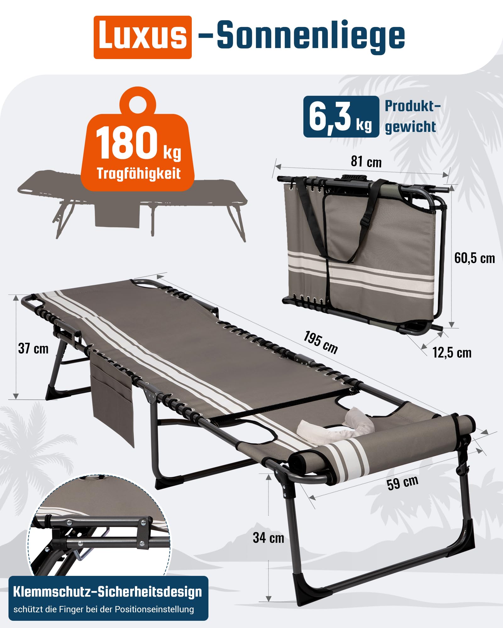 Sonnenliege Klappbar 5-Verstellbare, bis 180 kg, 2er Set, Blau | Gartenliege Klappbar, mit Kopfstütze & Seitentasche, Sonnenliege Wetterfest, Strandliege für Garten Terrasse Pool Camping