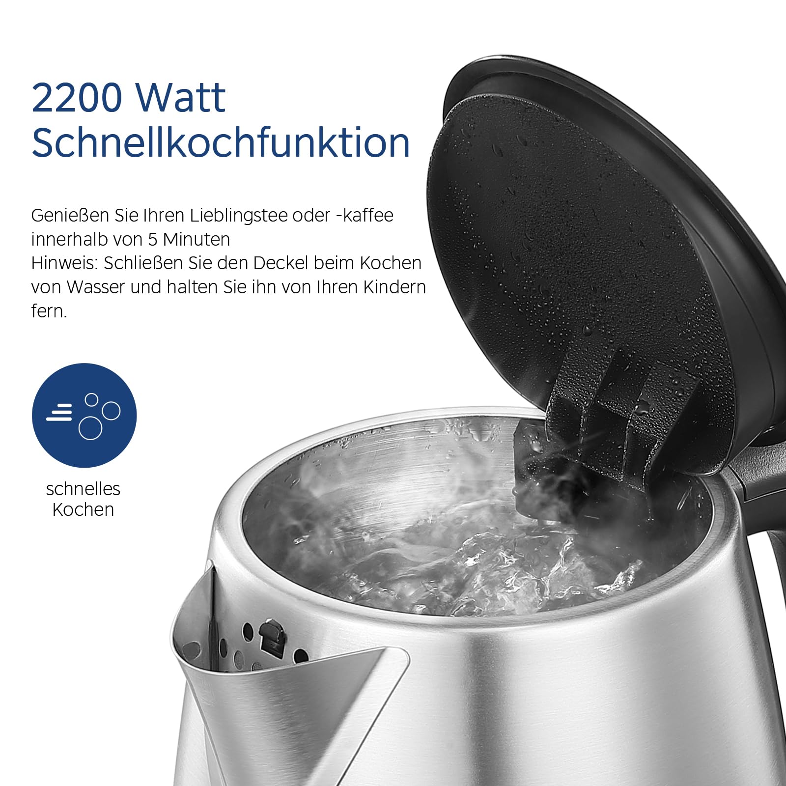 Edelstahl-Kessel mit Temperatureinstellung, 45°C - 100°C, 1,5 Liter, 2200 W Wasserkocher weiß, Teebereiter mit Temperaturanzeige und Sicherheitsfunktionen, BPA-frei, Doppelwanddesign