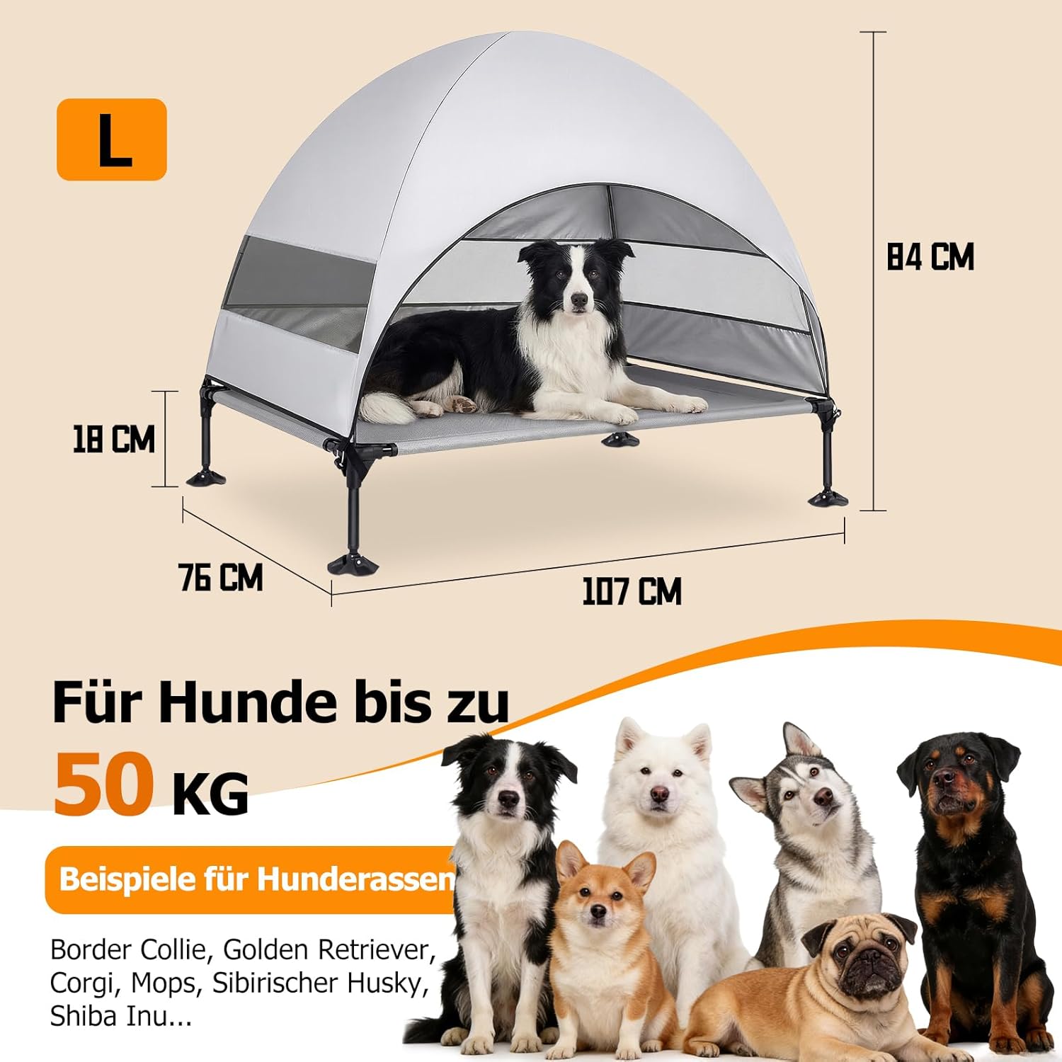 Erhöhtes Hundebett Outdoor mit UV-beständiges Dach，Hundeliege Klappbar mit Anti-Rutsch-Füßen, Hundezelt Outdoor mit Großem Schatten, Kühlendes ErhöHtes Hunde Bett für Camping, Garten & Pool (Grau, L)