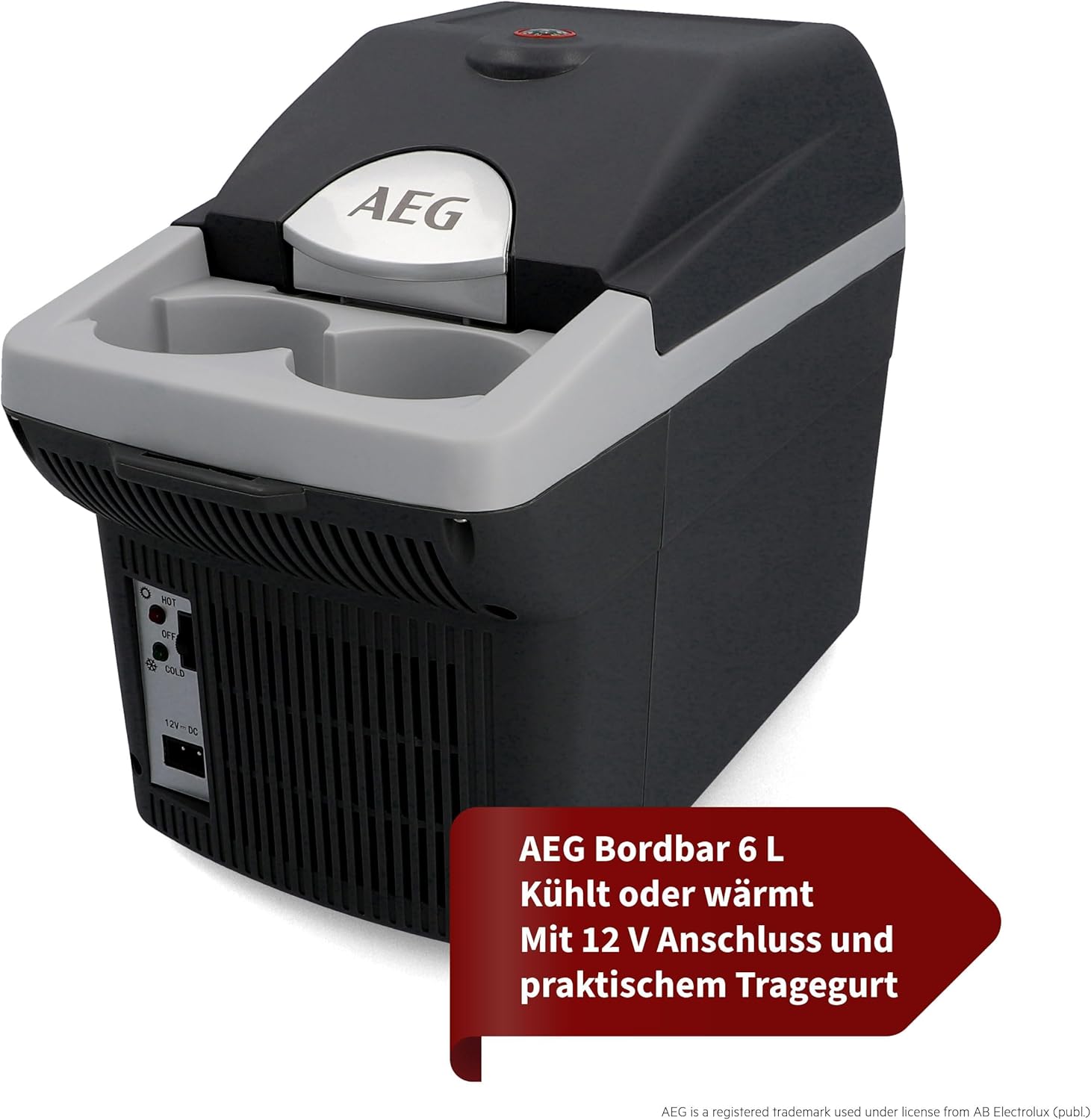 AEG Automotive Board-Bar BK 6 Thermoelektrische Kühl- und Warmhaltebox 6 Liter, 12 Volt für Auto und Steckdose, anschnallbar im PKW