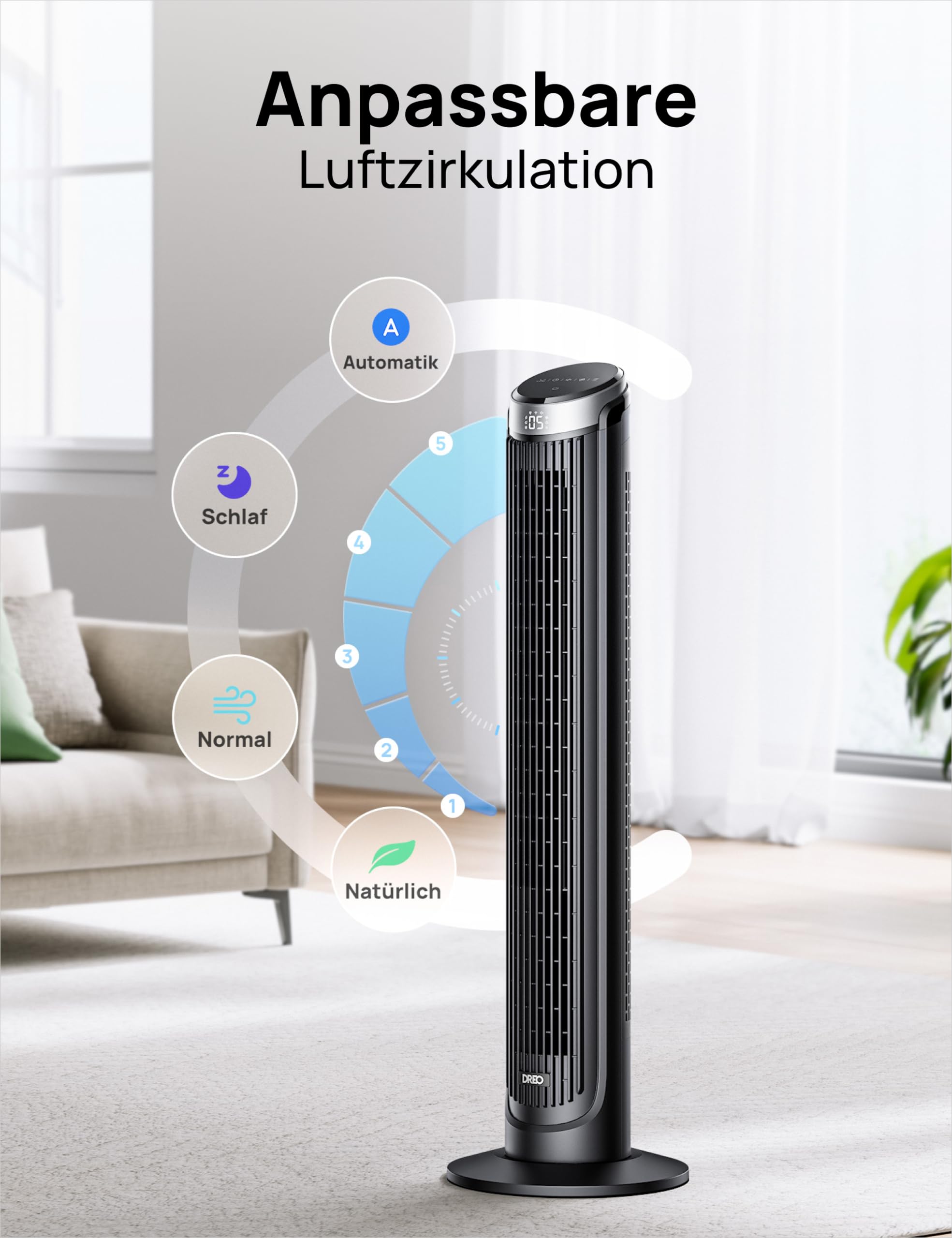 Leiser Turmventilator, Kühlung Fernbedienung 5-Geschwindigkeit 4 Modi 12 Std Timer, 90° Oszillierendes Tower Fan Standventilator für Schlafzimmer, Cruiser Pro T3, Schwarz