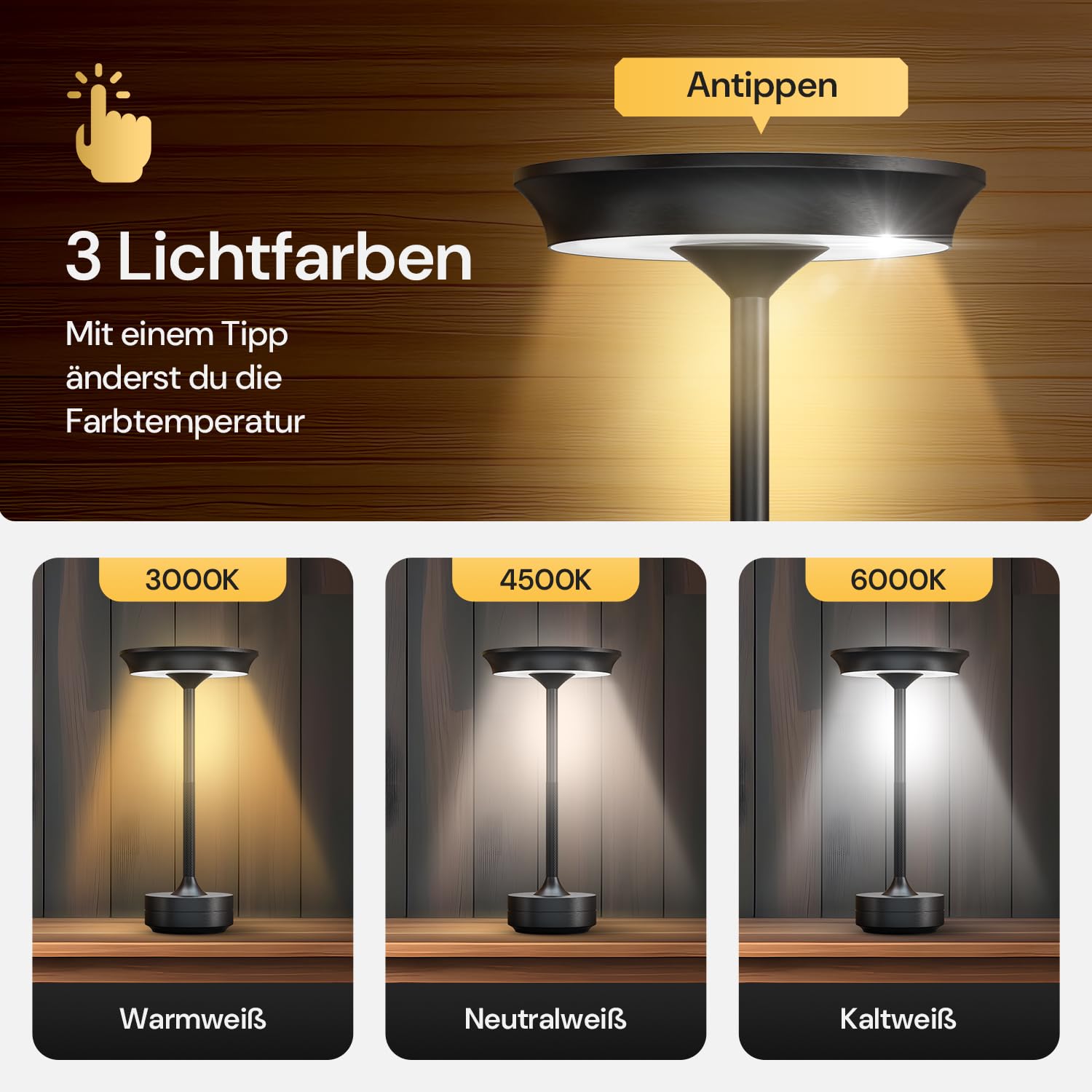 LED Tischlampe Wireless - Stilvolles Design mit Batterie & USB-C - 3 Lichtfarben & Dimmfunktion - Drahtlose Freiheit für Outdoor & Indoor - Dimmbare Batterietischlampe Wiederaufladbar
