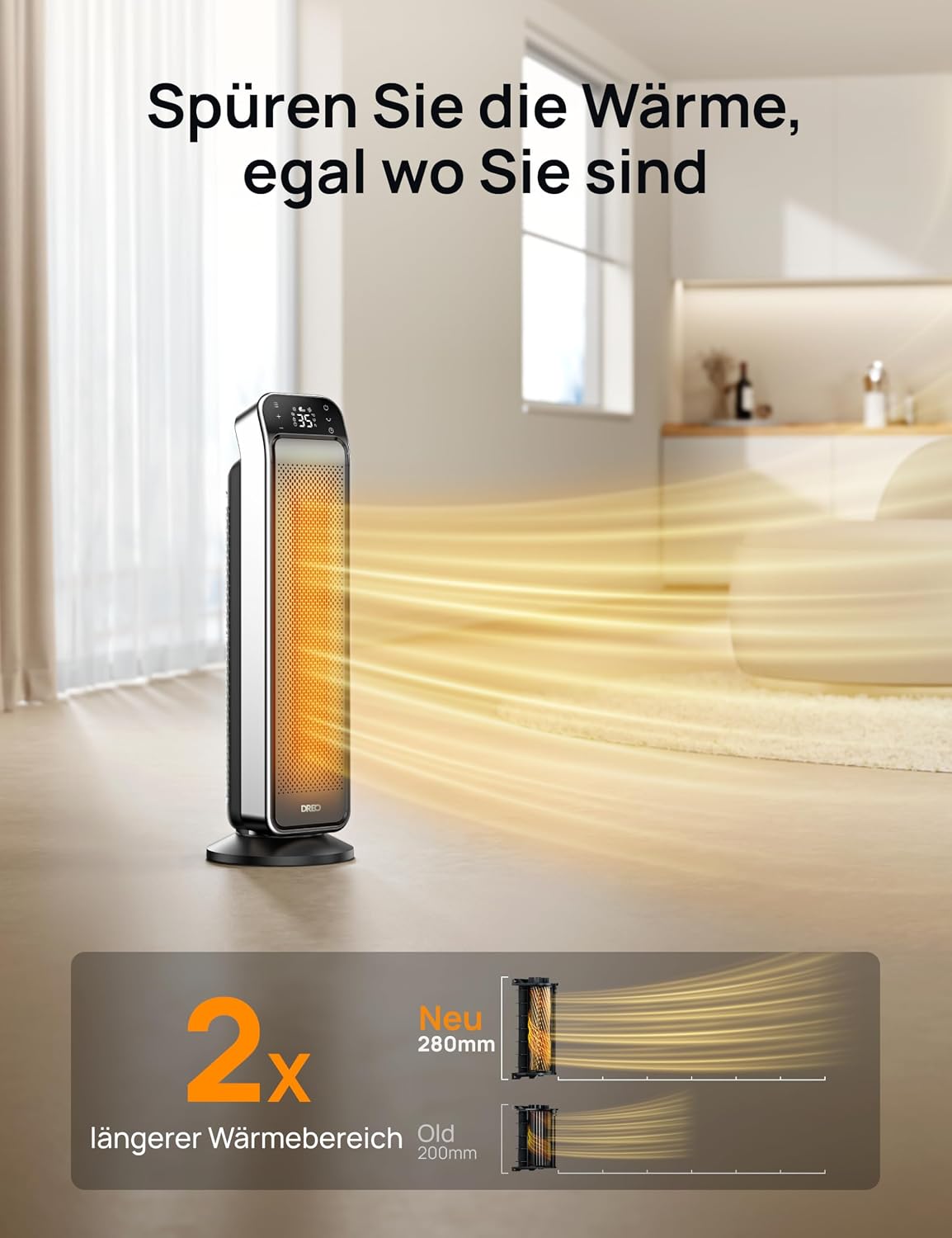 Heizlüfter Energiesparend Leise, 25 Zoll Keramik Heizung Elektrisch mit Fernbedienung und Thermostat, 2000W Elektroheizung, 3 Modus, 12-Std-Timer, Überhitzungs-Kippschutz, Solaris Max